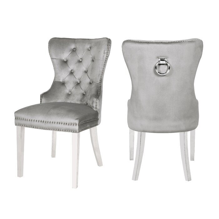 Erica 2 Piece Stainless Steel Legs Chair Finish With Velvet Fabric In Light Gray Light Grey Dining Room Wipe Clean Traditional Tufted Back Stainless Steel