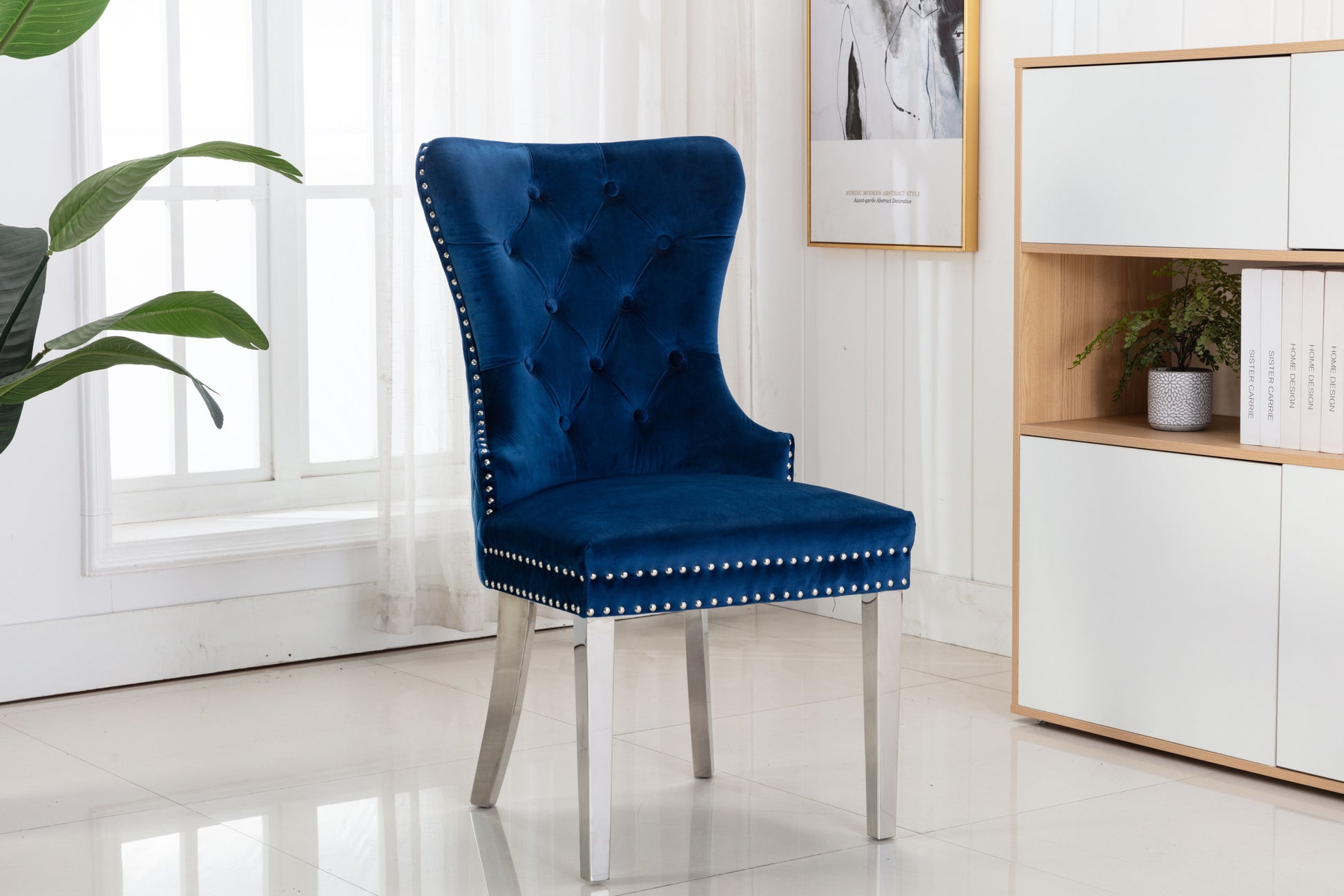 Simba Stainless Steel 2 Piece Chair Finish With Velvet Fabric In Blue Blue Dining Room Contemporary,Modern Accent Chairs Tufted Back Stainless Steel