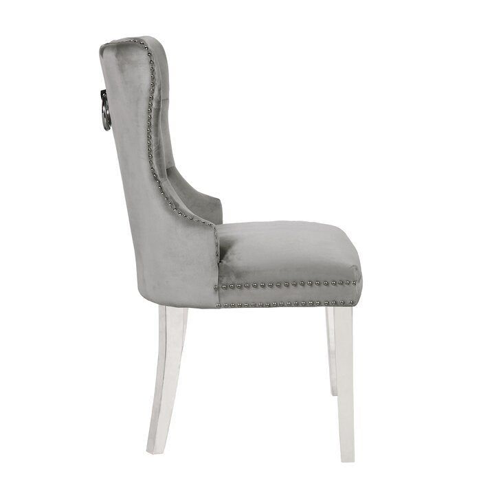 Erica 2 Piece Stainless Steel Legs Chair Finish With Velvet Fabric In Light Gray Light Grey Dining Room Wipe Clean Traditional Tufted Back Stainless Steel