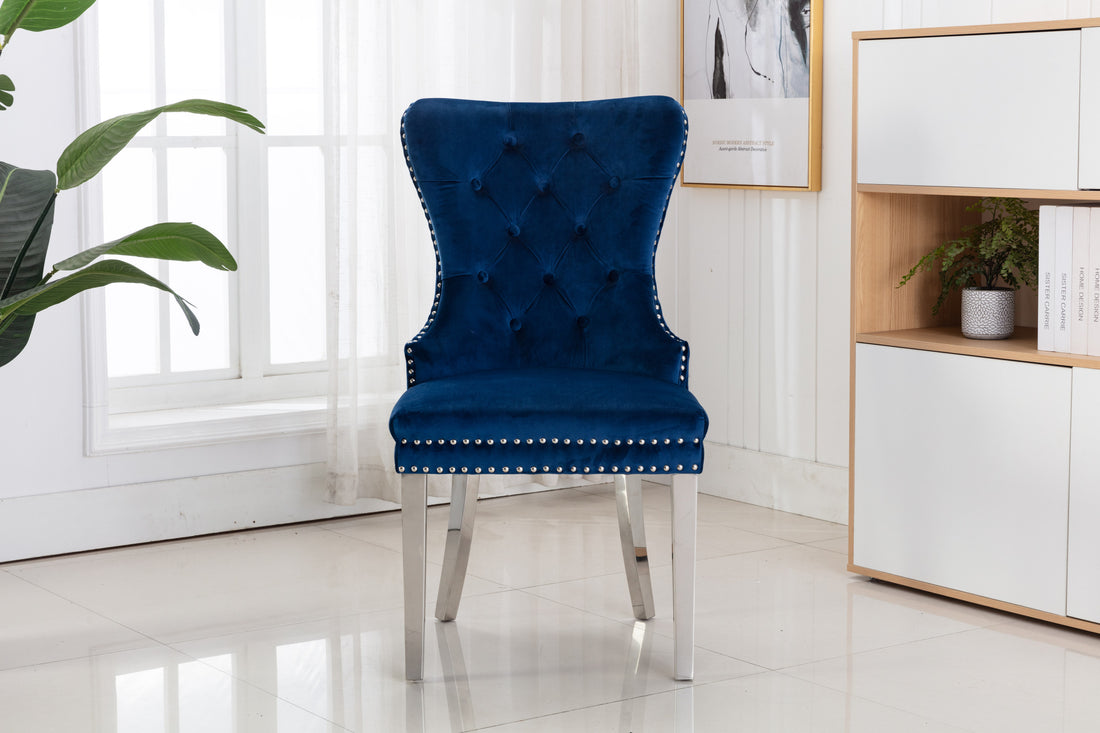 Simba Stainless Steel 2 Piece Chair Finish With Velvet Fabric In Blue Blue Dining Room Contemporary,Modern Accent Chairs Tufted Back Stainless Steel