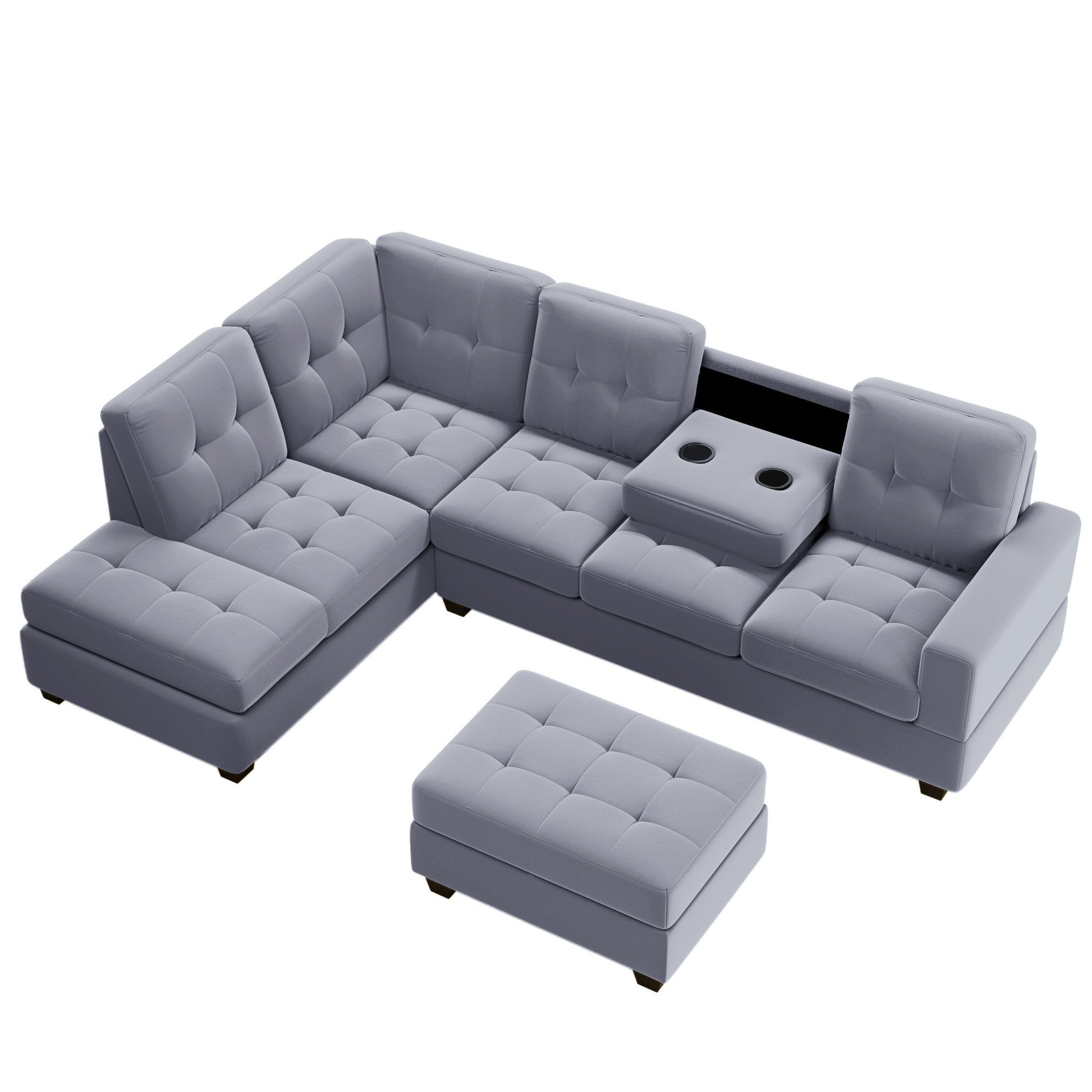 Orisfur. Modern Sectional Sofa With Reversible Chaise, L Shaped Couch Set With Storage Ottoman And Two Cup Holders For Living Room Gray Foam Velvet