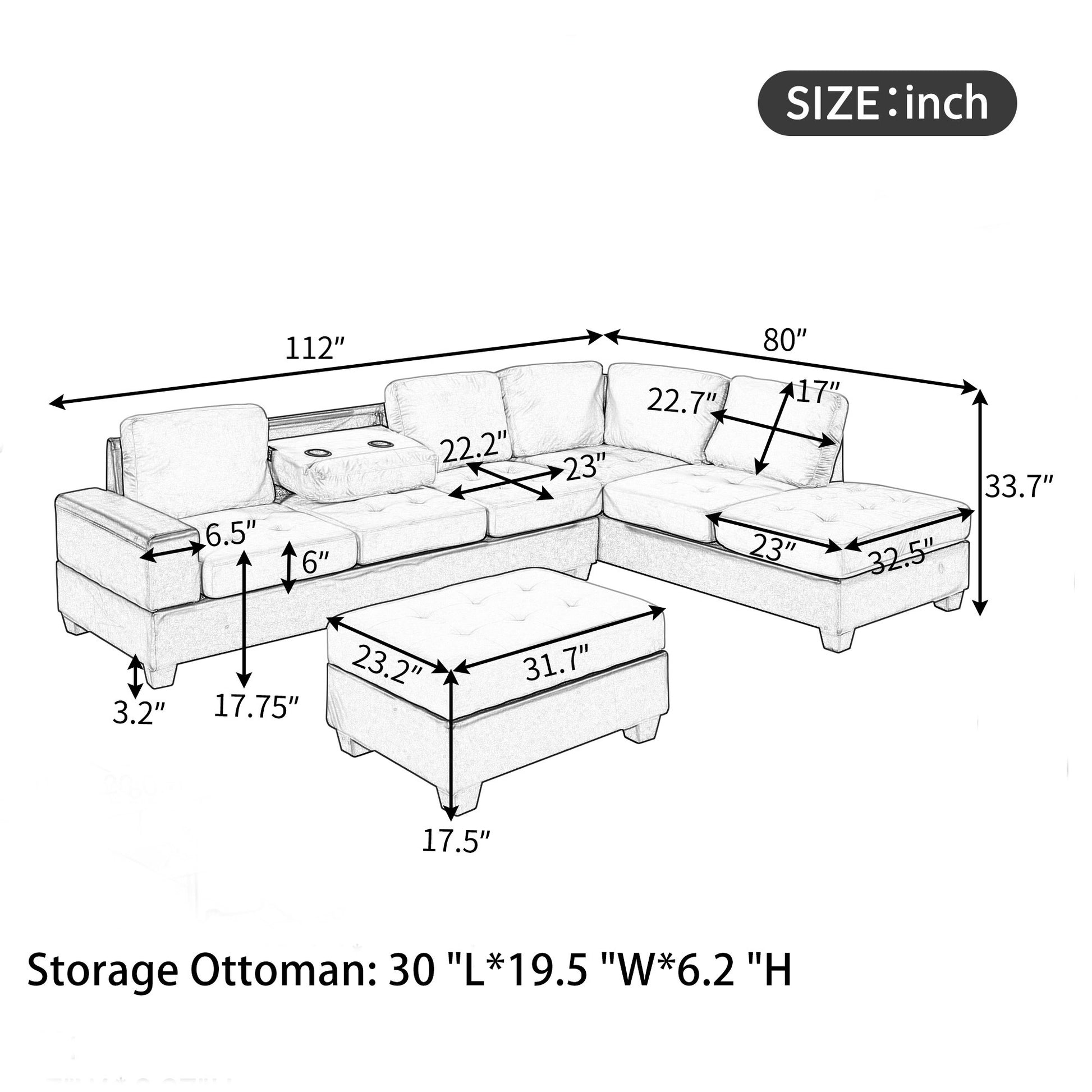 Orisfur. Modern Sectional Sofa With Reversible Chaise, L Shaped Couch Set With Storage Ottoman And Two Cup Holders For Living Room Black Foam Velvet