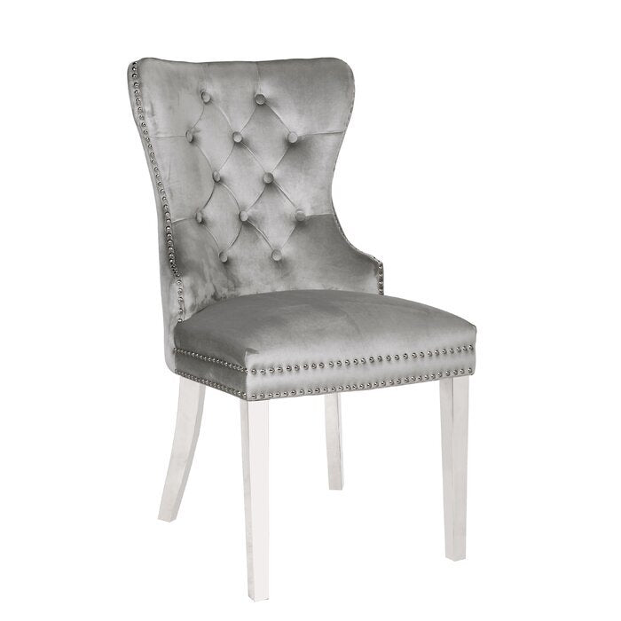 Erica 2 Piece Stainless Steel Legs Chair Finish With Velvet Fabric In Light Gray Light Grey Dining Room Wipe Clean Traditional Tufted Back Stainless Steel