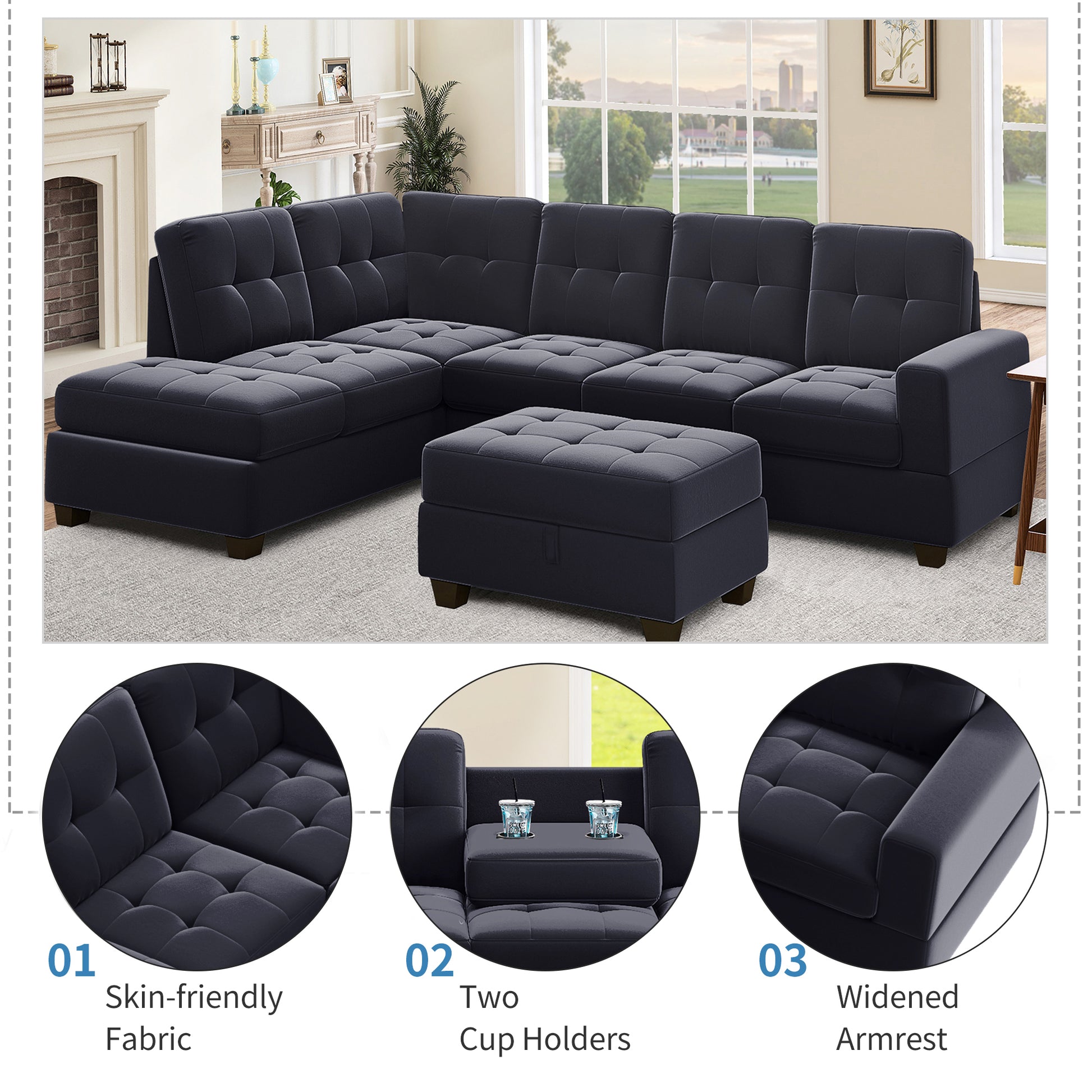 Orisfur. Modern Sectional Sofa With Reversible Chaise, L Shaped Couch Set With Storage Ottoman And Two Cup Holders For Living Room Black Foam Velvet