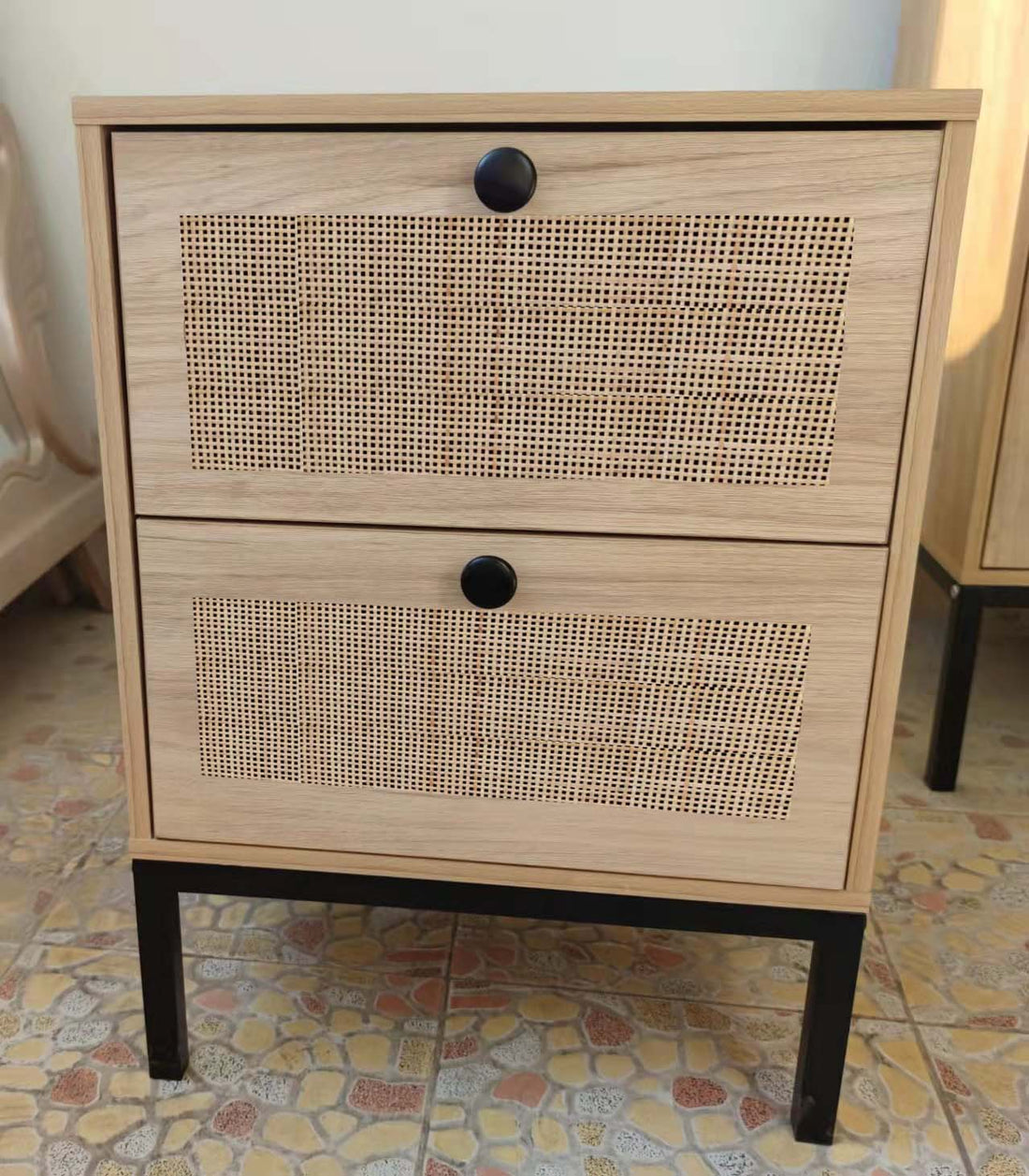 Byron C Rattan Twinset Beside Stand Nightsand Bedside Cabinet With Drawer 2Pcs Beige Yellow Mdf