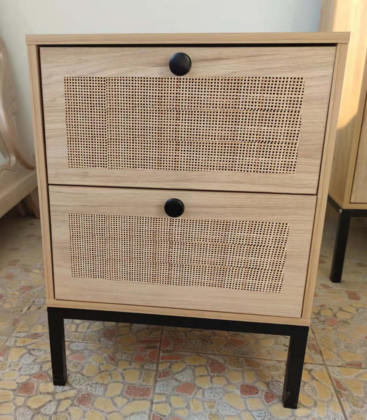 Byron C Rattan Twinset Beside Stand Nightsand Bedside Cabinet With Drawer 2Pcs Beige Yellow Mdf