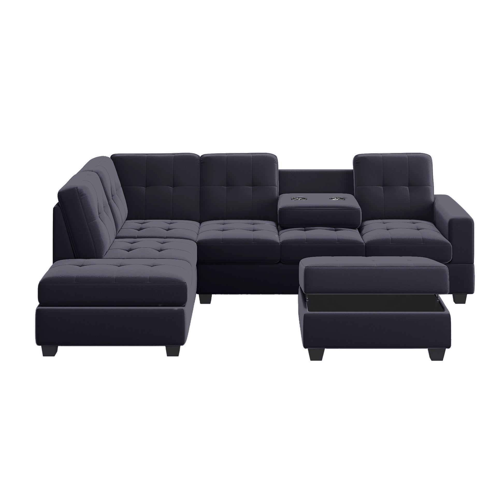 Orisfur. Modern Sectional Sofa With Reversible Chaise, L Shaped Couch Set With Storage Ottoman And Two Cup Holders For Living Room Black Foam Velvet