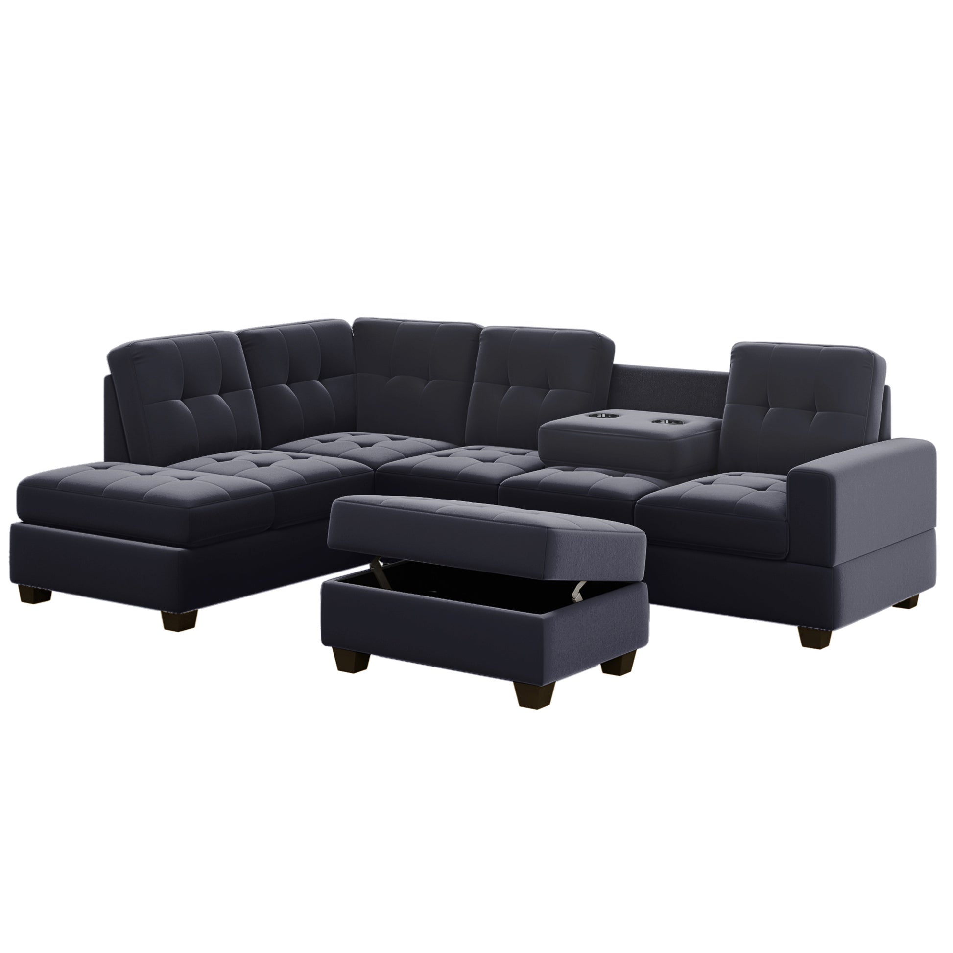 Orisfur. Modern Sectional Sofa With Reversible Chaise, L Shaped Couch Set With Storage Ottoman And Two Cup Holders For Living Room Black Foam Velvet