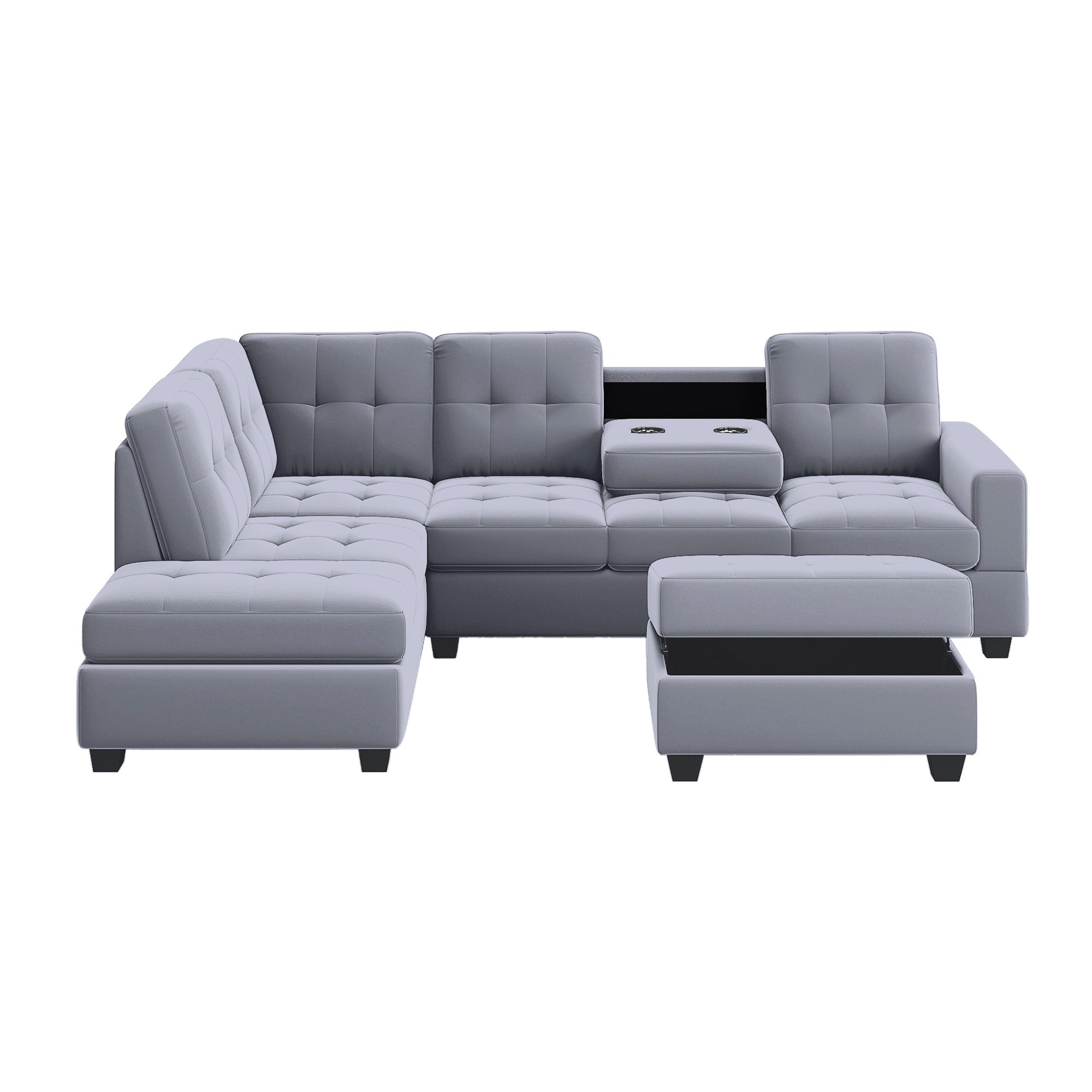 Orisfur. Modern Sectional Sofa With Reversible Chaise, L Shaped Couch Set With Storage Ottoman And Two Cup Holders For Living Room Gray Foam Velvet