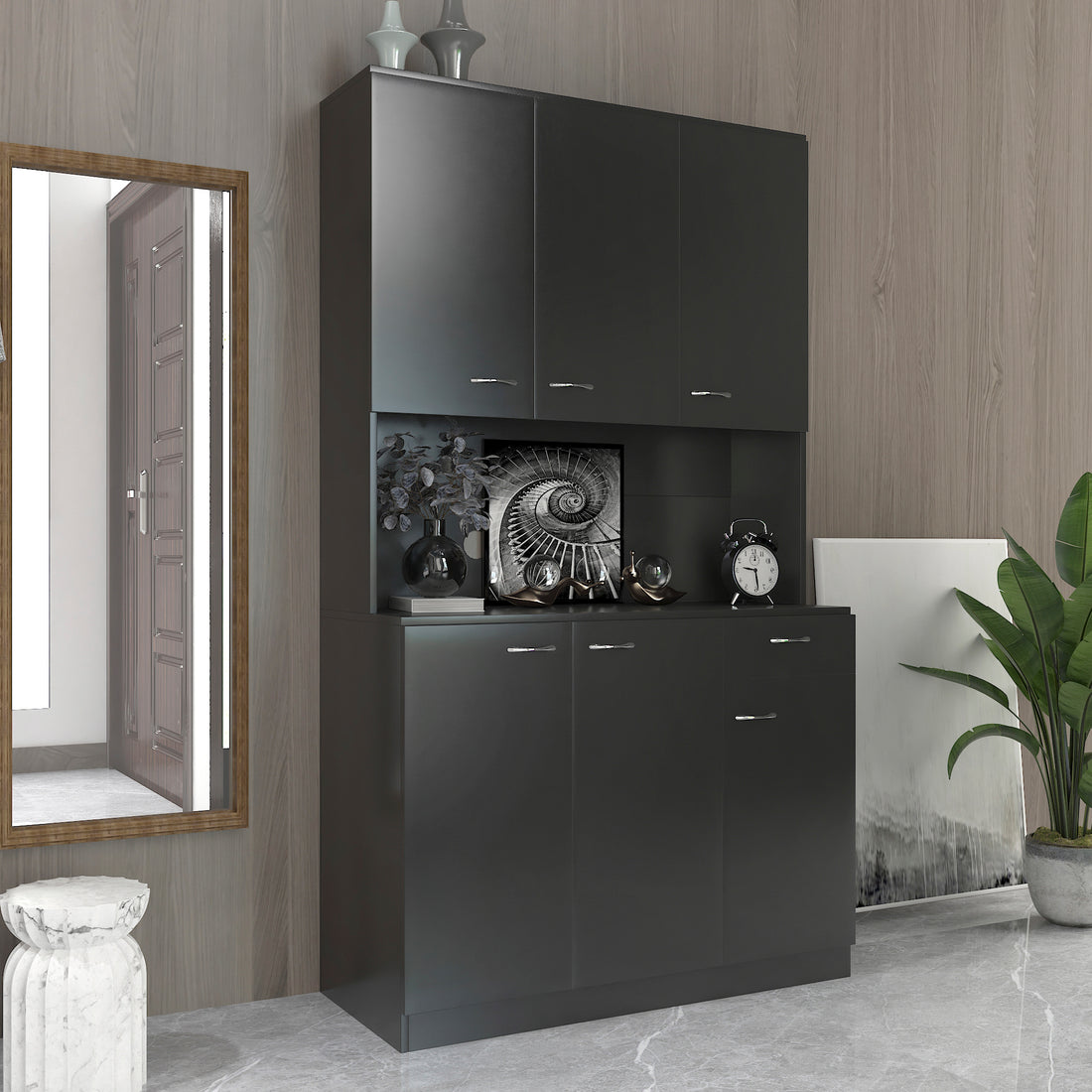 70.87" Tall Wardrobe& Kitchen Cabinet, With 6 Doors, 1 Open Shelves And 1 Drawer For Bedroom,Black Black Mdf