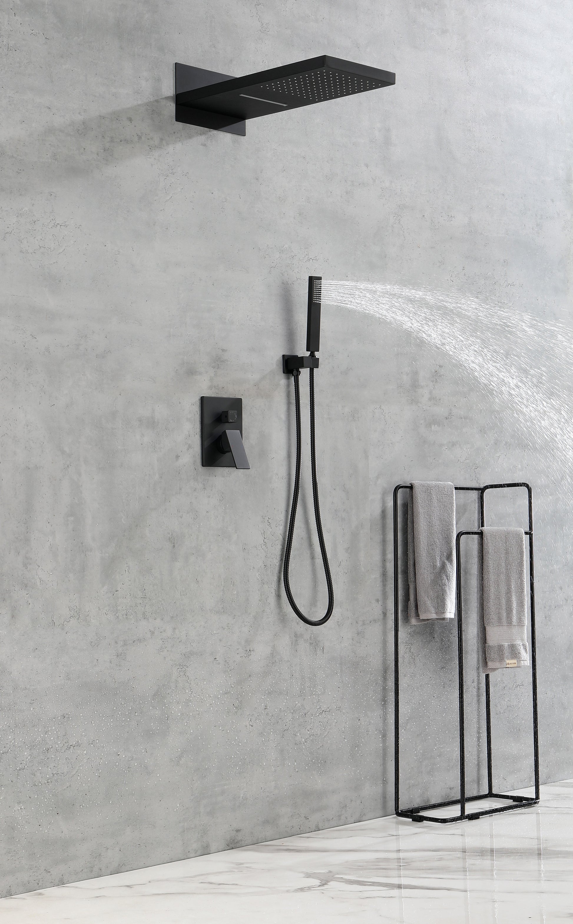Shower System,Waterfall Rainfall Shower Head With Handheld, Shower Faucet Set For Bathroom Wall Mounted Matte Black Brass