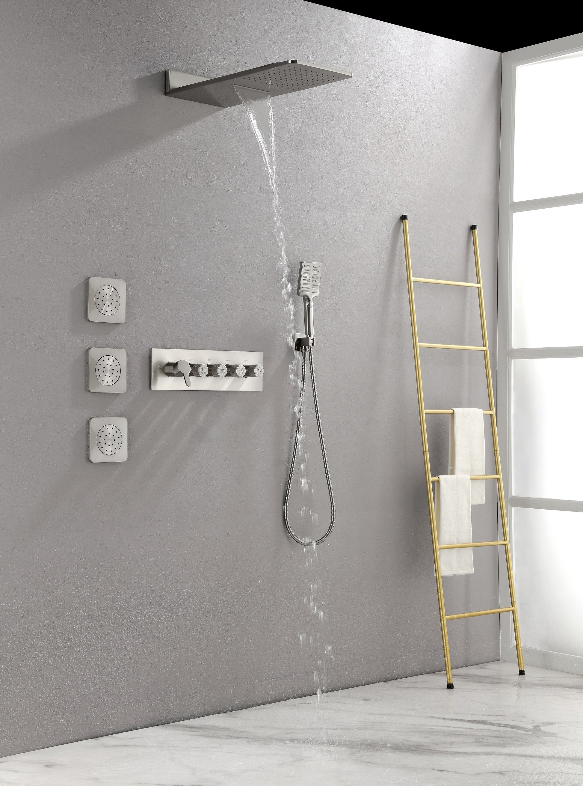 Wall Mounted Waterfall Rain Shower System With 3 Body Sprays & Handheld Shower Brushed Nickel Brass