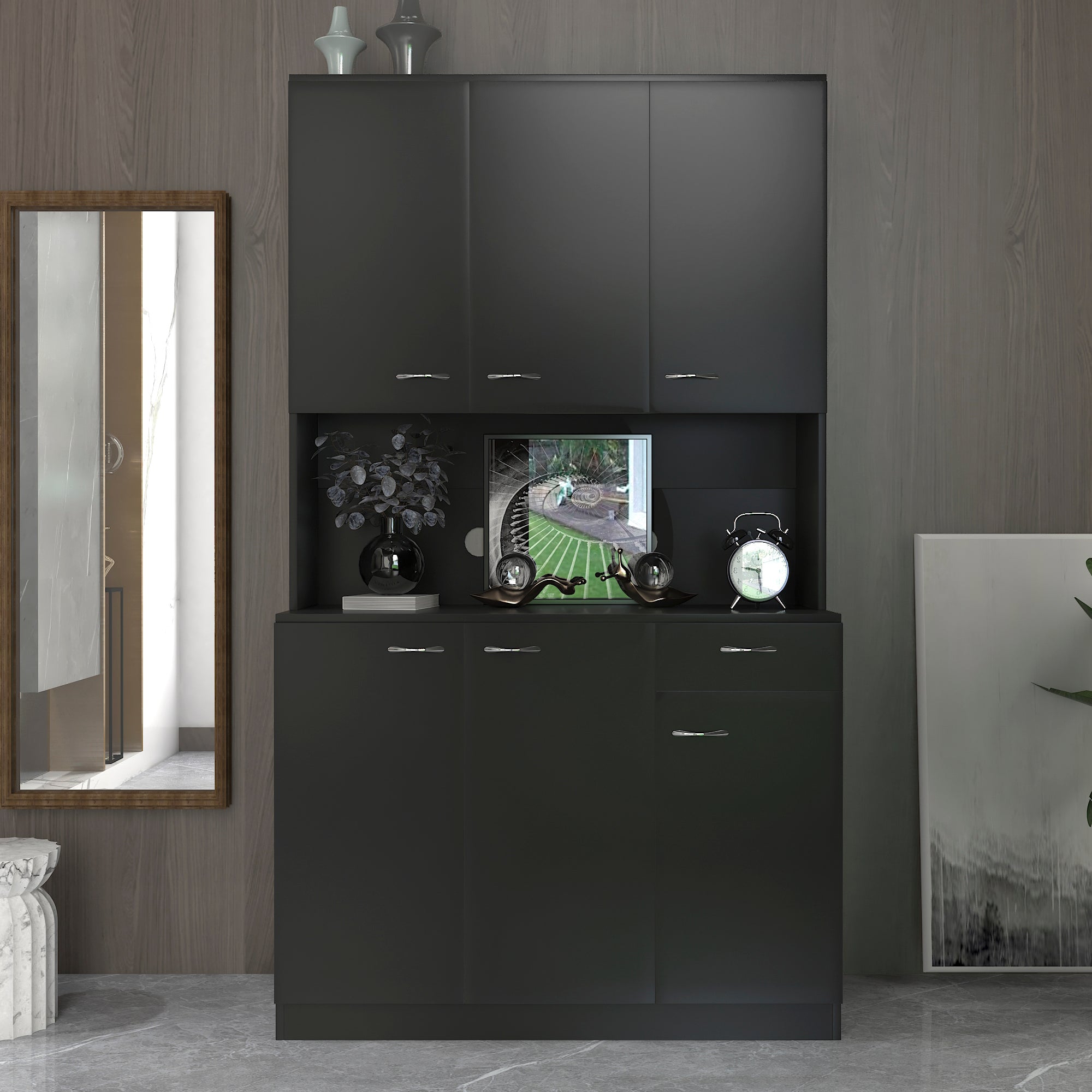 70.87" Tall Wardrobe& Kitchen Cabinet, With 6 Doors, 1 Open Shelves And 1 Drawer For Bedroom,Black Black Mdf