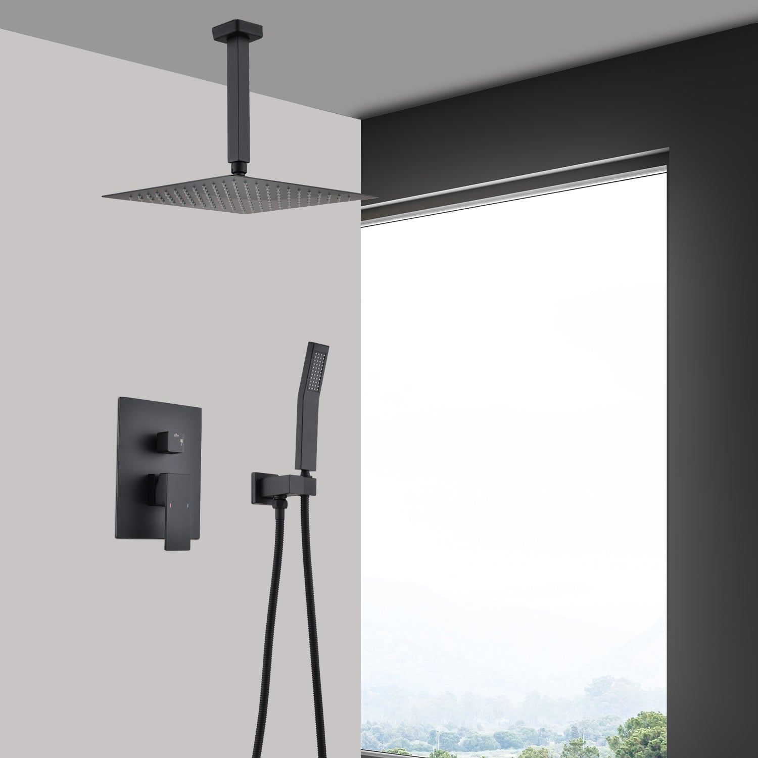 Ceiling Mounted Shower System Combo Set With Handheld And 16"Shower Head Matte Black Brass