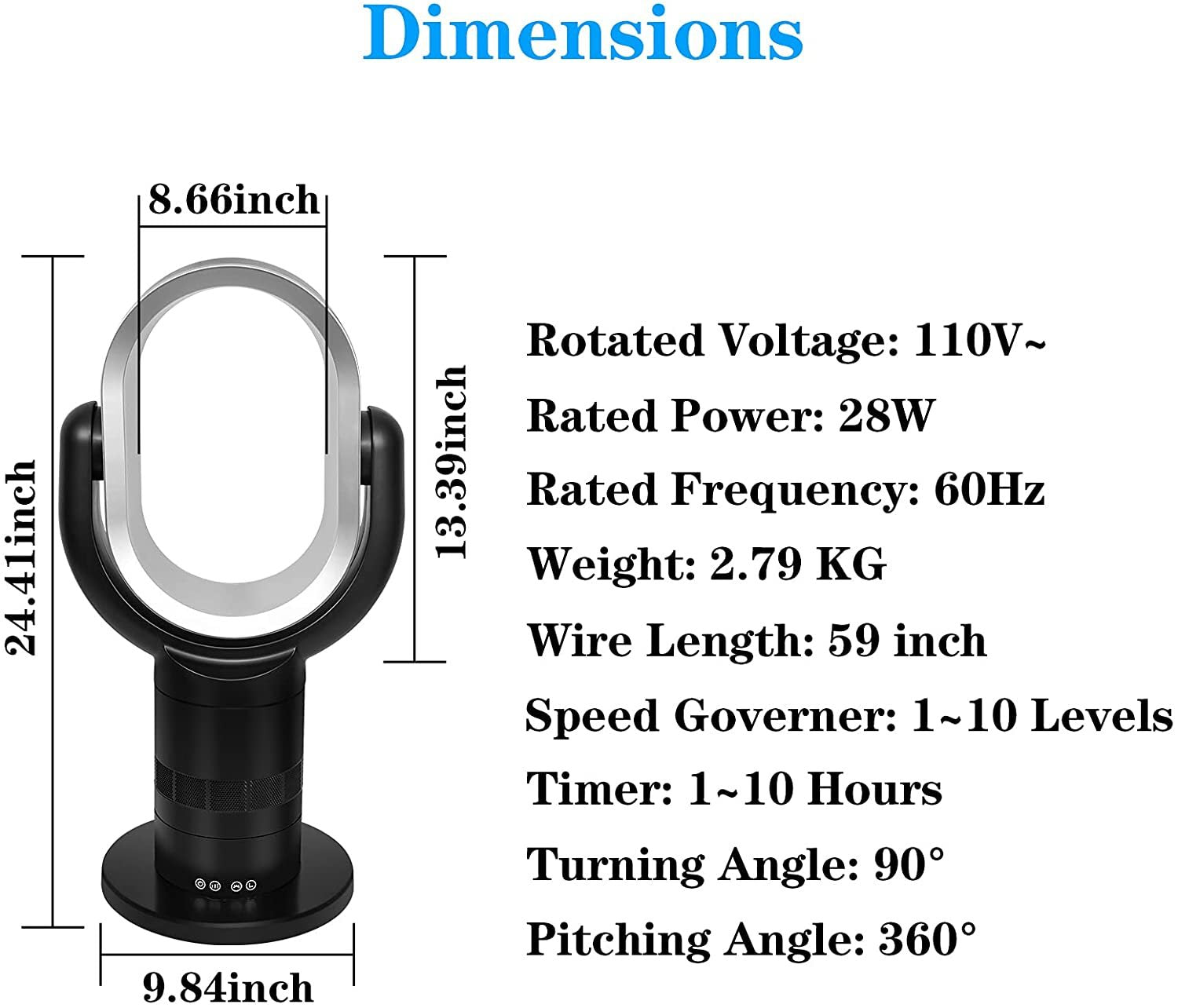 Healsmart Medium Size Portable Bladeless Fan, Small Table Fan, 10 Speeds Settings, 10 Hour Timing Closure Bladeless Fan, Stylish And Modern Fan, Low Noise, Lightweight, 24 Inches, Black Black Abs