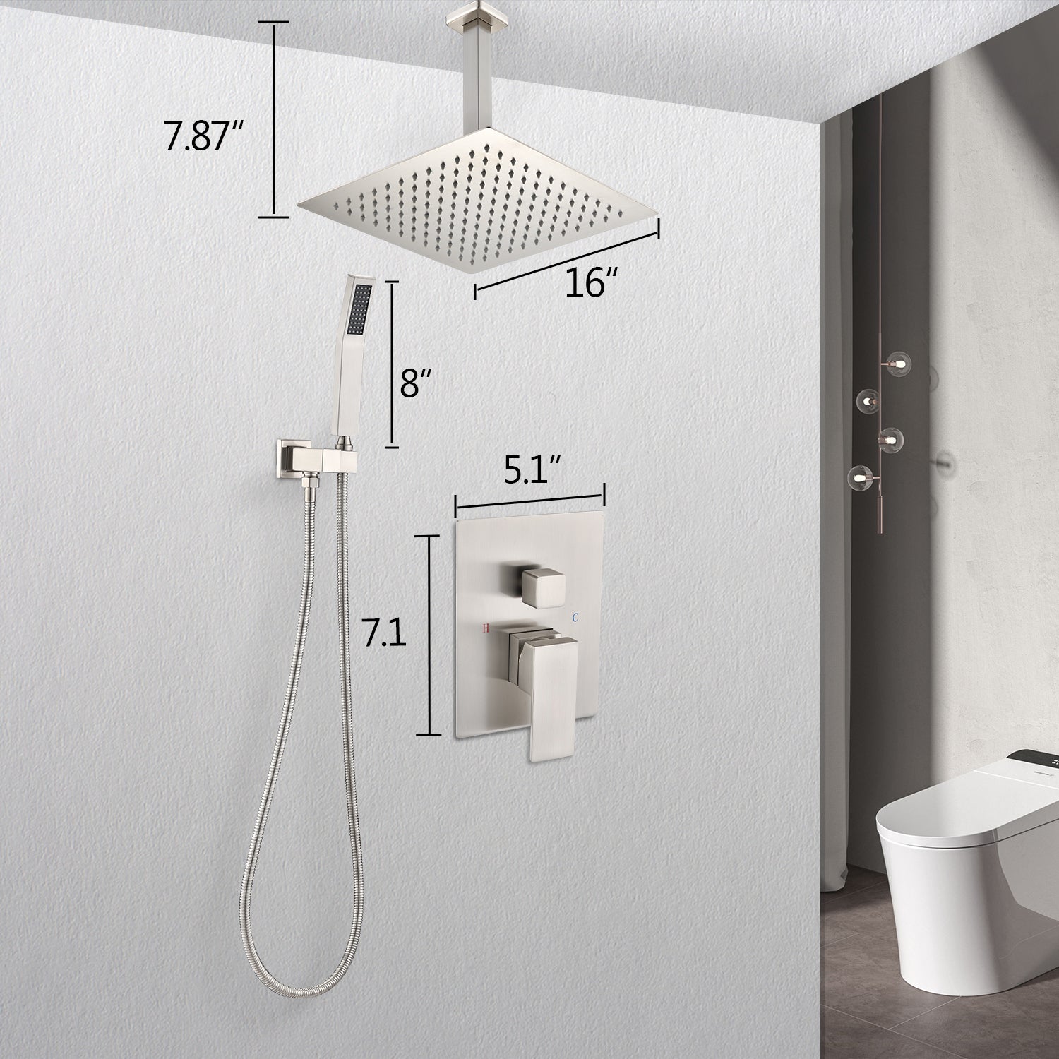 Ceiling Mounted Shower System Combo Set With Handheld And 16"Shower Head Brushed Nickel Brass