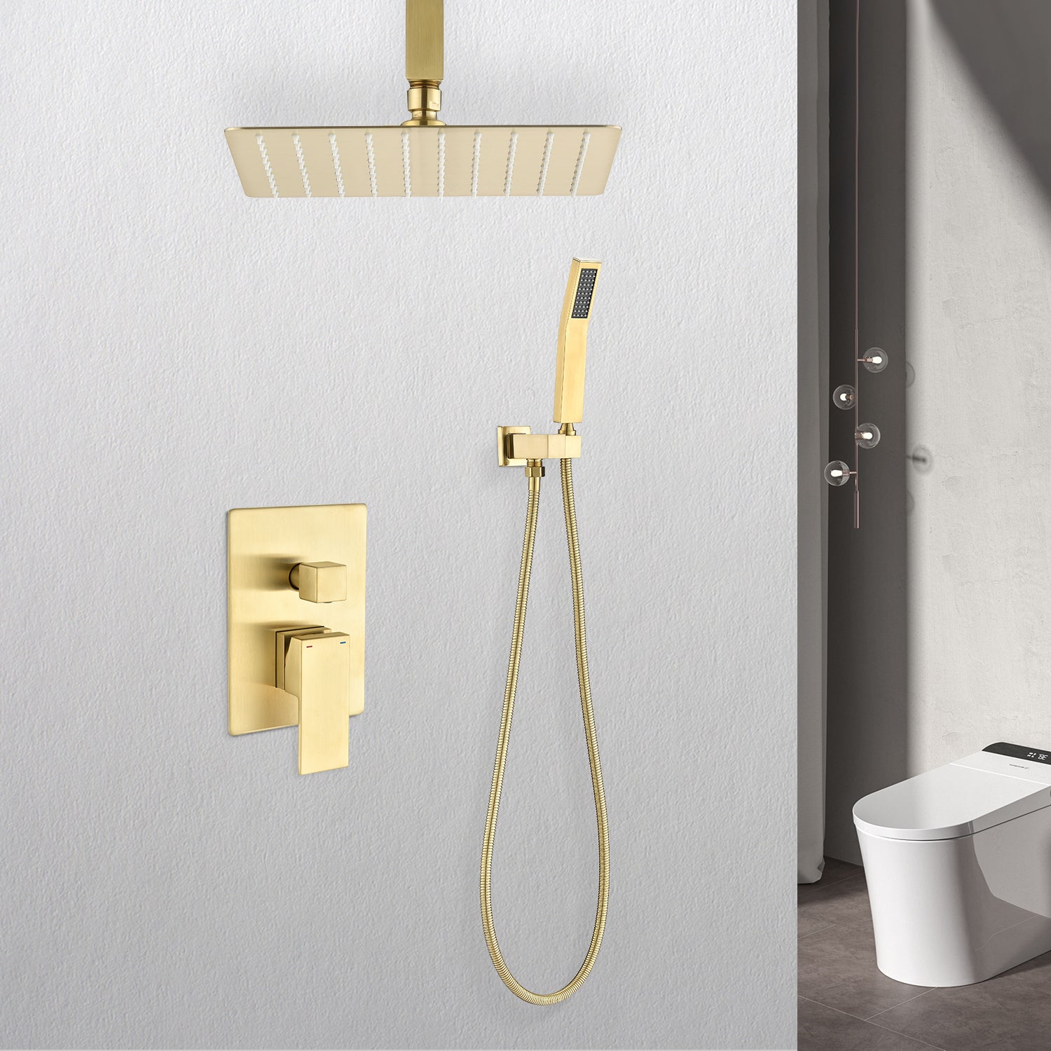 Ceiling Mounted Shower System Combo Set With Handheld And 10"Shower Head Gold Brass