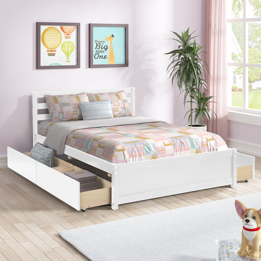 Full Size Wood Platform Bed Frame With 4 Storage Drawers And Headboard Of White Color For All Ages White Solid Wood