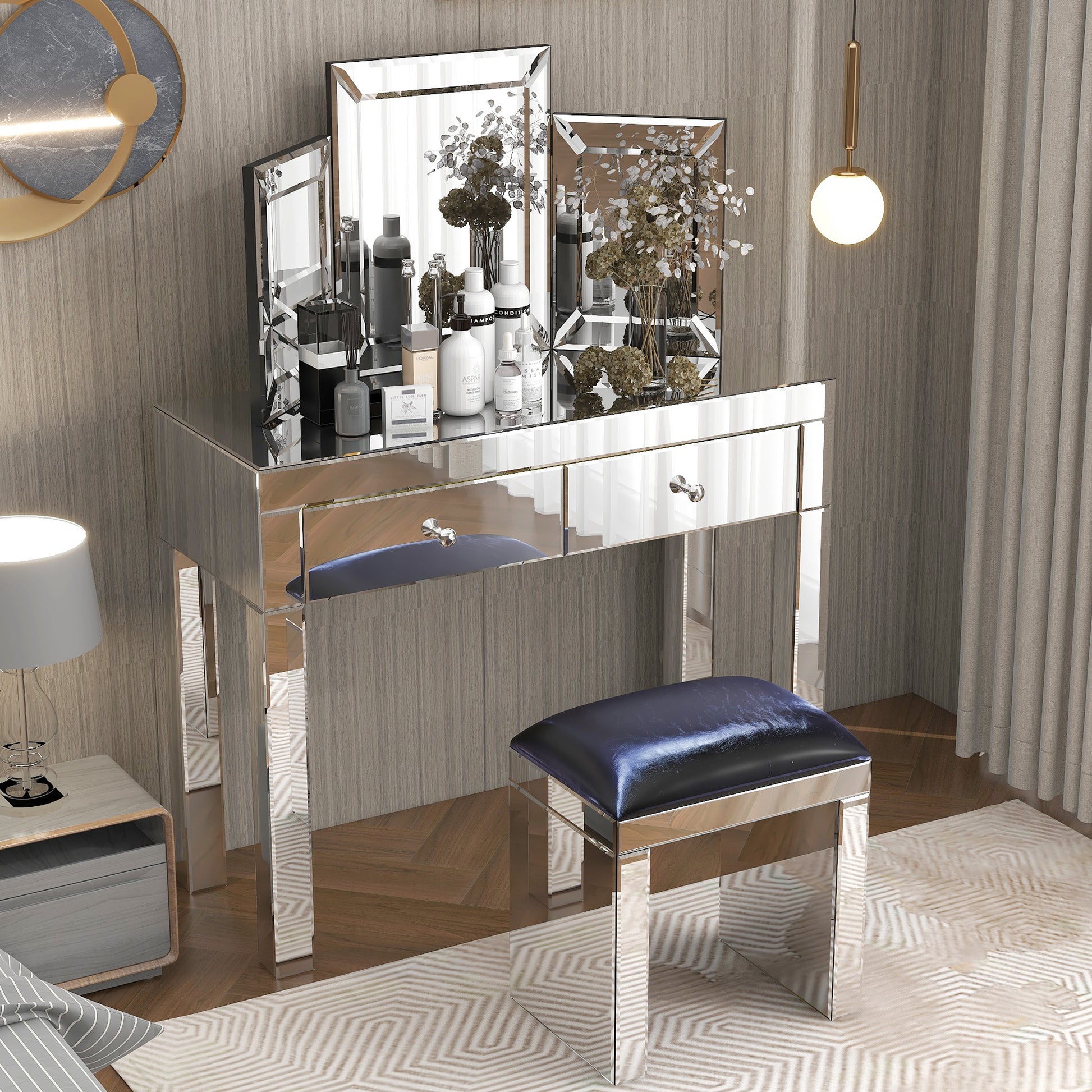 W 39.4 Inch X D 15.7 Inch X H 31.5 Inch Mirror Desktop Dressing Table, 2 Drawer Dressing Table, Suitable For Female And Girl Home Offices Silver Soft Close Drawers Computer Desk Bedroom Modern Freestanding Rectangular Drawers Desk Glossy Mdf Glass