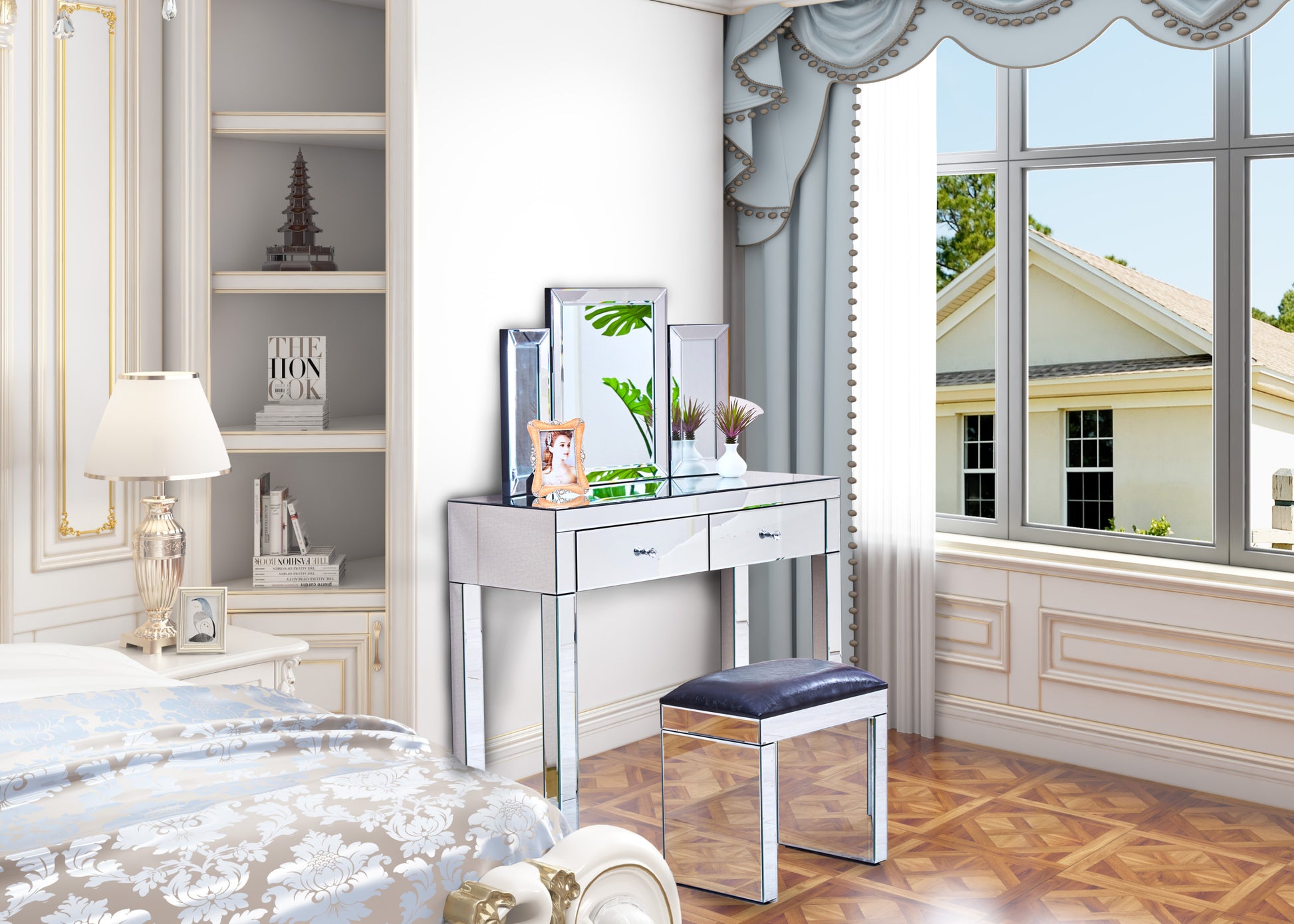 W 39.4 Inch X D 15.7 Inch X H 31.5 Inch Mirror Desktop Dressing Table, 2 Drawer Dressing Table, Suitable For Female And Girl Home Offices Silver Soft Close Drawers Computer Desk Bedroom Modern Freestanding Rectangular Drawers Desk Glossy Mdf Glass