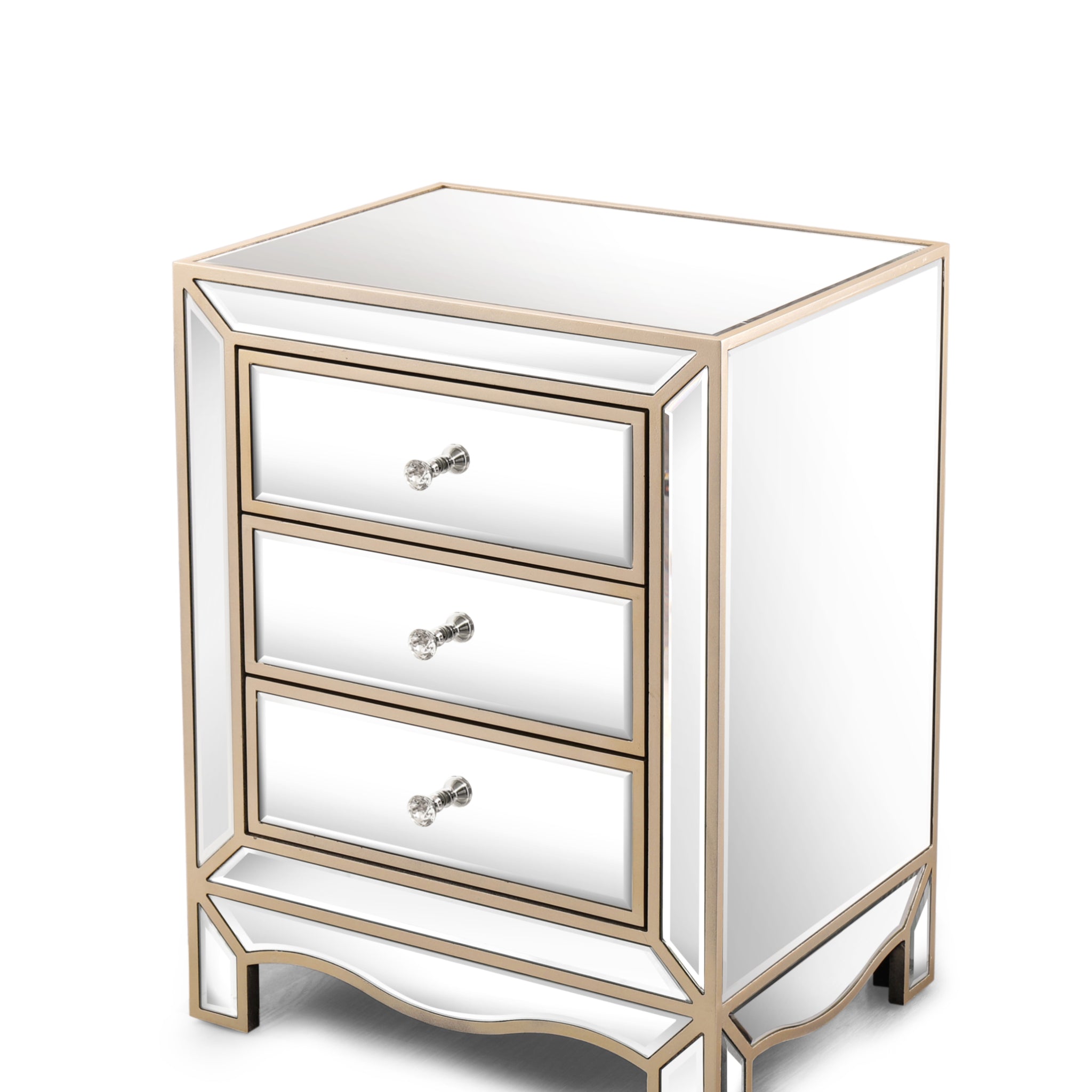 W 19.7" X D 15" X H 26" Champagne Mirror Three Extraction Cabinet, Multifunctional Bedside Table Chest 3 4 Drawers Glass Pane Silver Primary Living Space Corner Unit American Design Mdf Glass