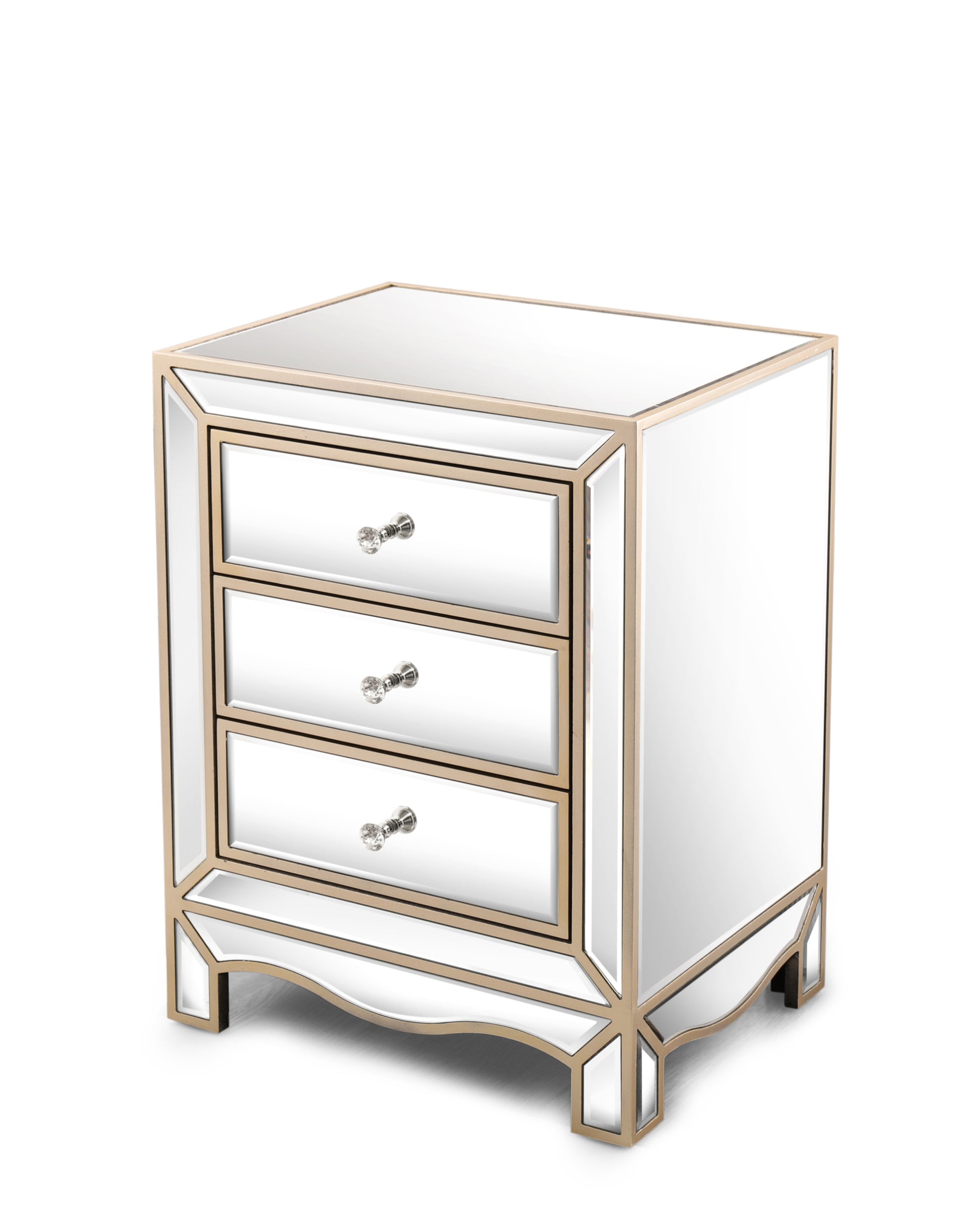 W 19.7" X D 15" X H 26" Champagne Mirror Three Extraction Cabinet, Multifunctional Bedside Table Chest 3 4 Drawers Glass Pane Silver Primary Living Space Corner Unit American Design Mdf Glass