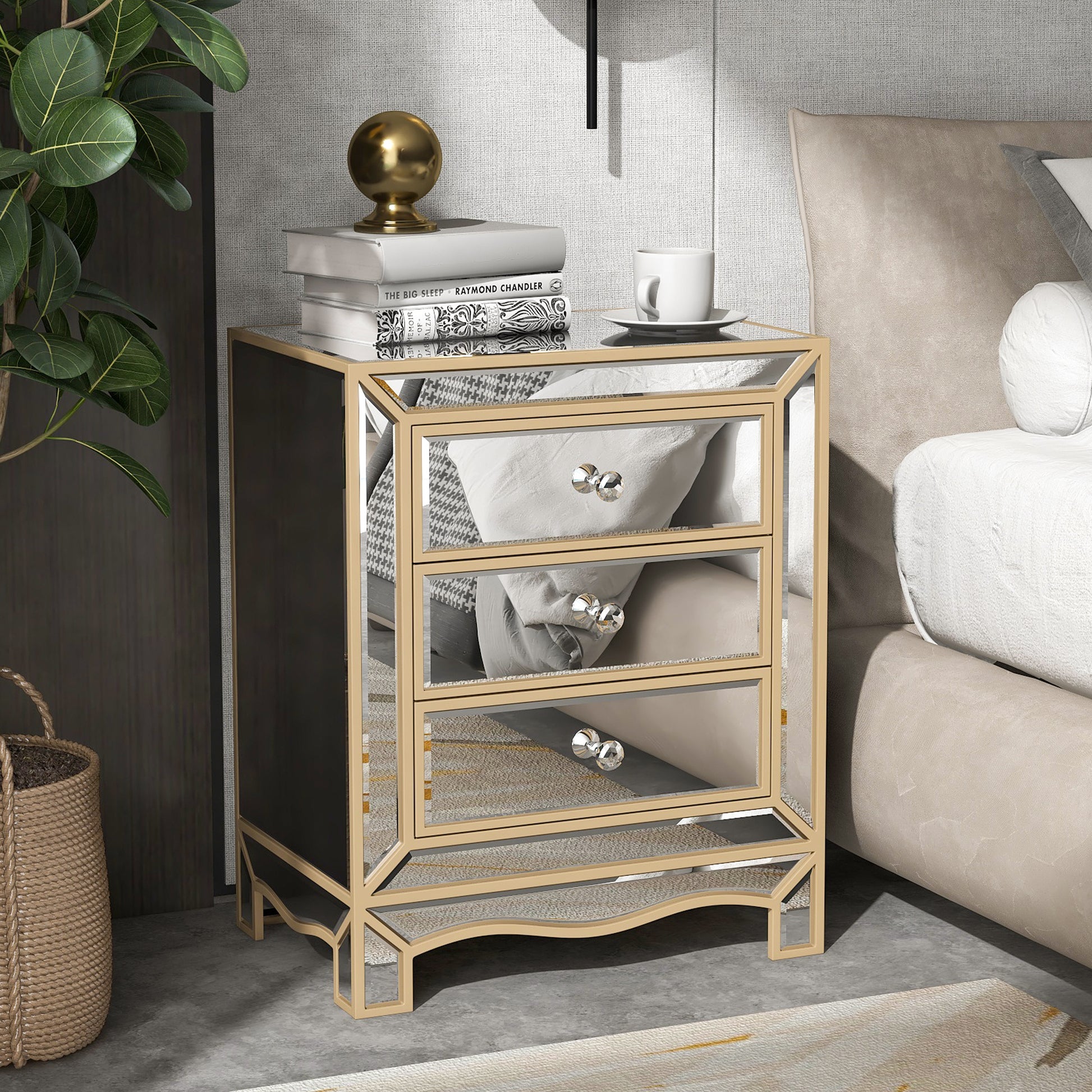 W 19.7" X D 15" X H 26" Champagne Mirror Three Extraction Cabinet, Multifunctional Bedside Table Chest 3 4 Drawers Glass Pane Silver Primary Living Space Corner Unit American Design Mdf Glass