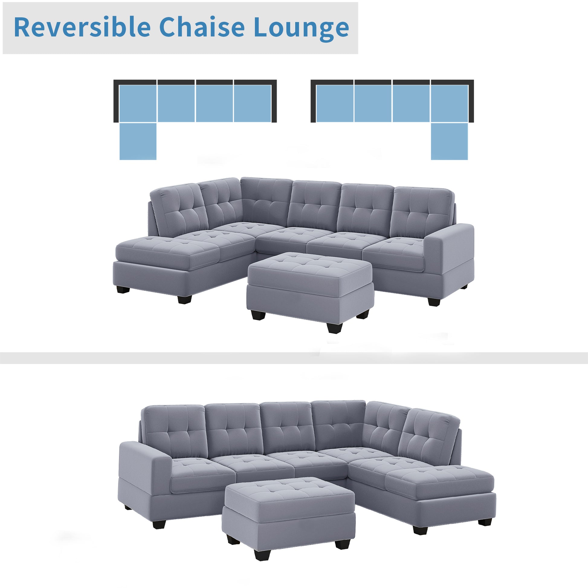 Orisfur. Modern Sectional Sofa With Reversible Chaise, L Shaped Couch Set With Storage Ottoman And Two Cup Holders For Living Room Gray Foam Velvet