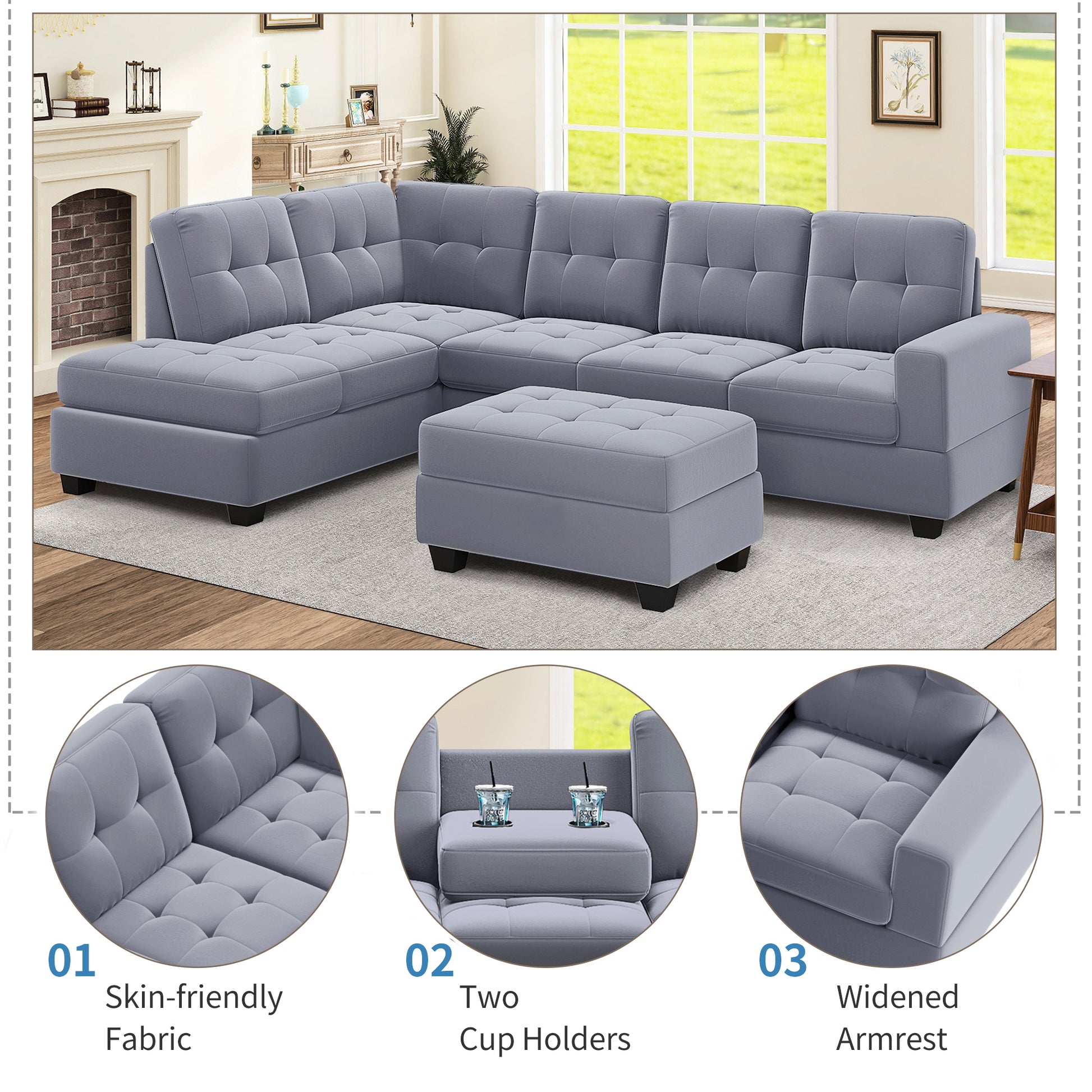 Orisfur. Modern Sectional Sofa With Reversible Chaise, L Shaped Couch Set With Storage Ottoman And Two Cup Holders For Living Room Gray Foam Velvet