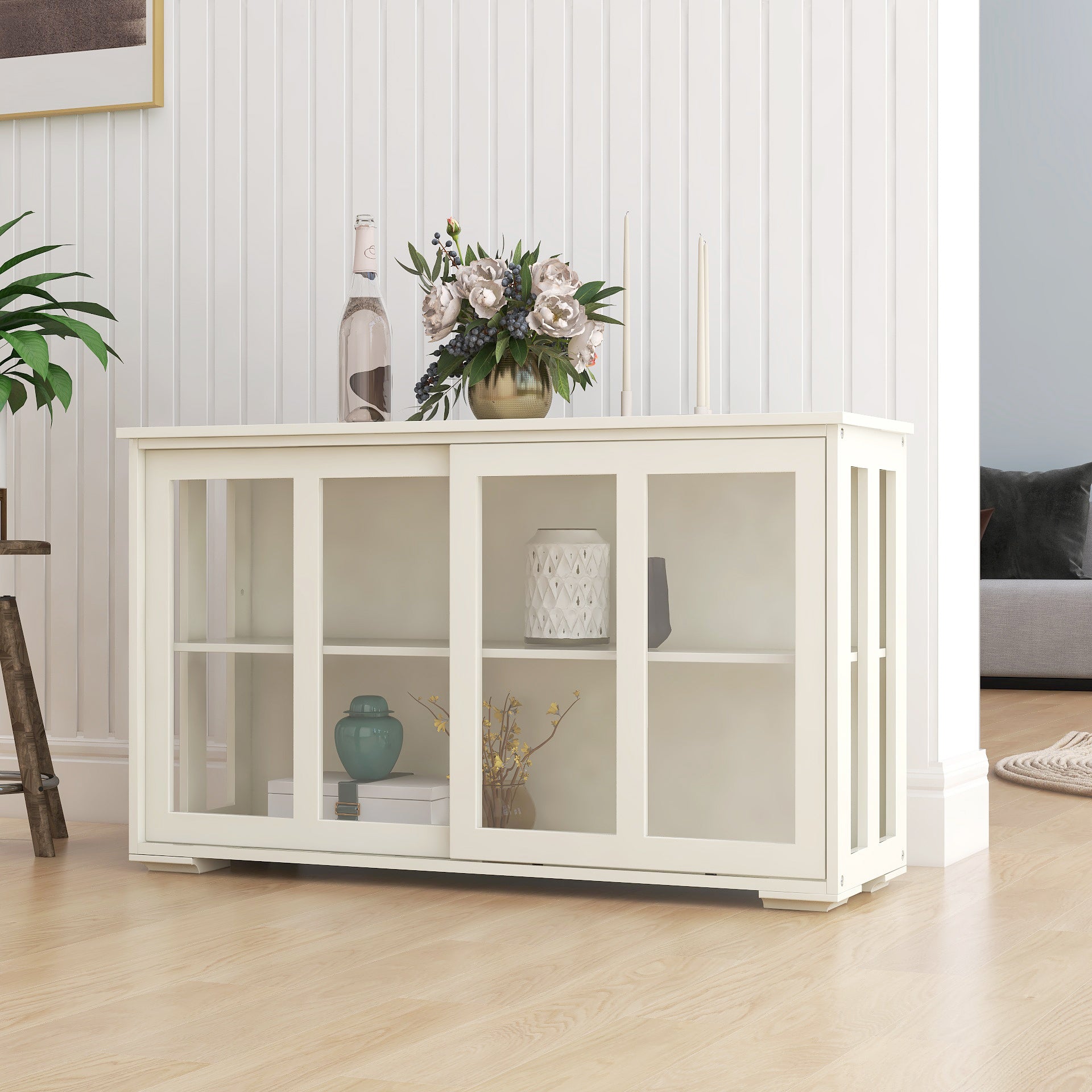 Kitchen Storage Stand Cupboard With Glass Door White White Mdf