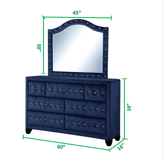 Hazel Queen 5 Pc Bedroom Set Made With Wood In Blue Color Box Spring Not Required Queen Blue Wood 5 Piece Set Bedroom Bed Included,Chest Included,Dresser Included,Mirror Included,Nightstand Included Contemporary,Modern Solid Wood Mdf Velvet Tufted Wood