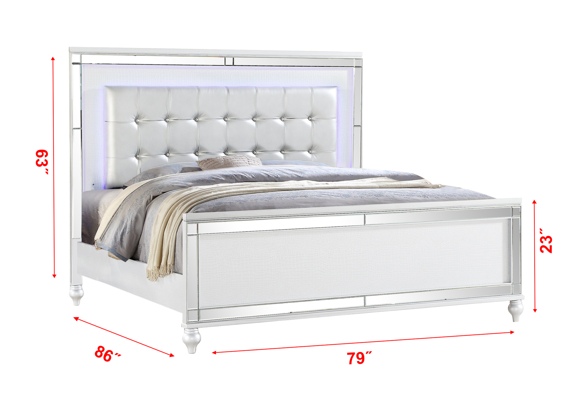 Sterling King Size Upholstered Led Bed Made With Wood In White Color King White Wood Bedroom Wood