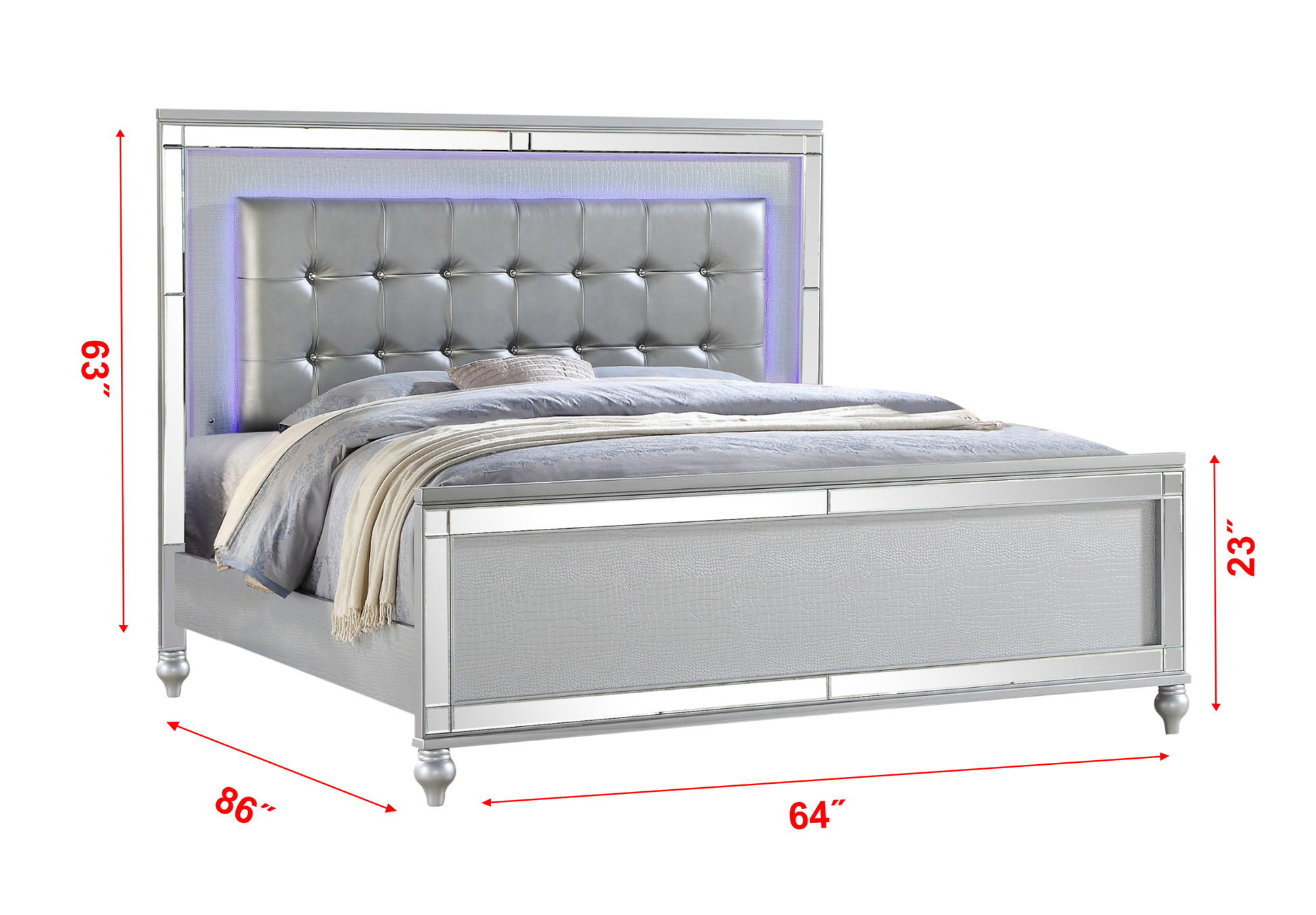 Sterling Queen Size Upholstered Led Bed Made With Wood In Silver Color Queen Silver Wood Bedroom Contemporary,Modern Solid Wood Mdf Wood