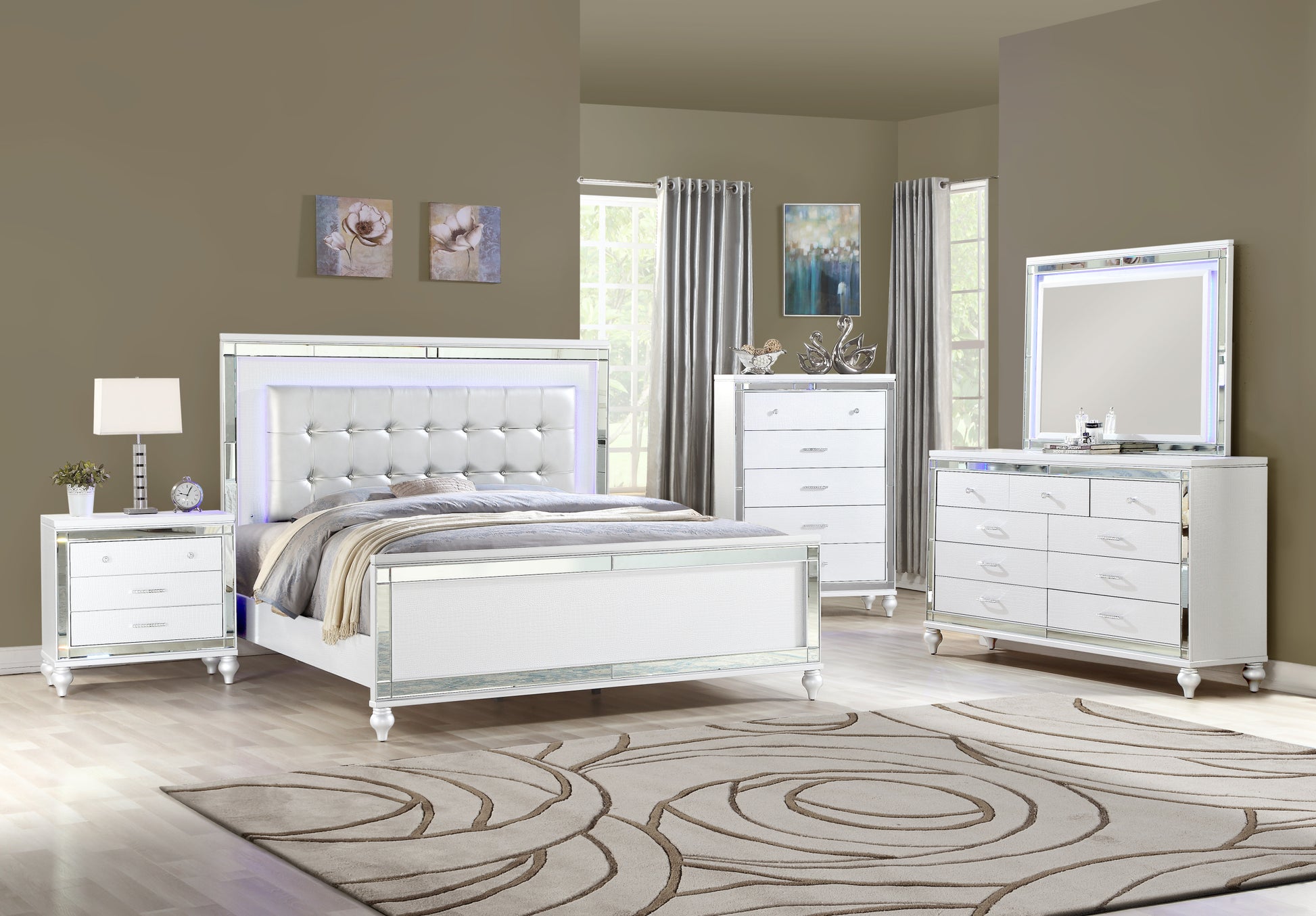 Sterling Queen 5 Pc Led Bedroom Set Made With Wood In White Color Queen White Wood 5 Piece Set Bedroom Bed Included,Chest Included,Dresser Included,Mirror Included,Nightstand Included Contemporary,Modern Solid Wood Mdf Built In Lighting Wood