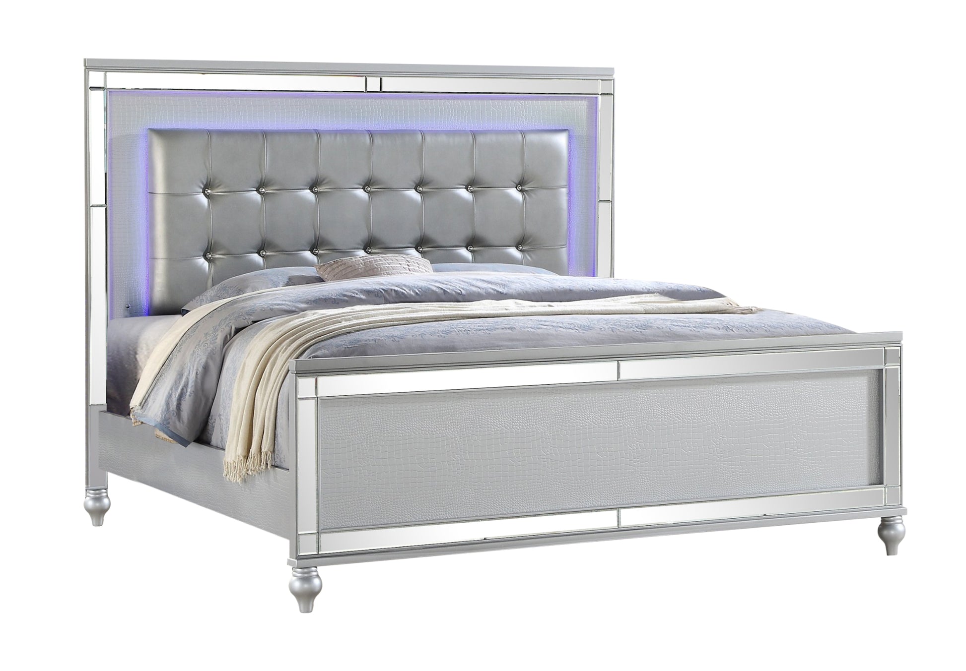 Sterling Queen Size Upholstered Led Bed Made With Wood In Silver Color Queen Silver Wood Bedroom Contemporary,Modern Solid Wood Mdf Wood