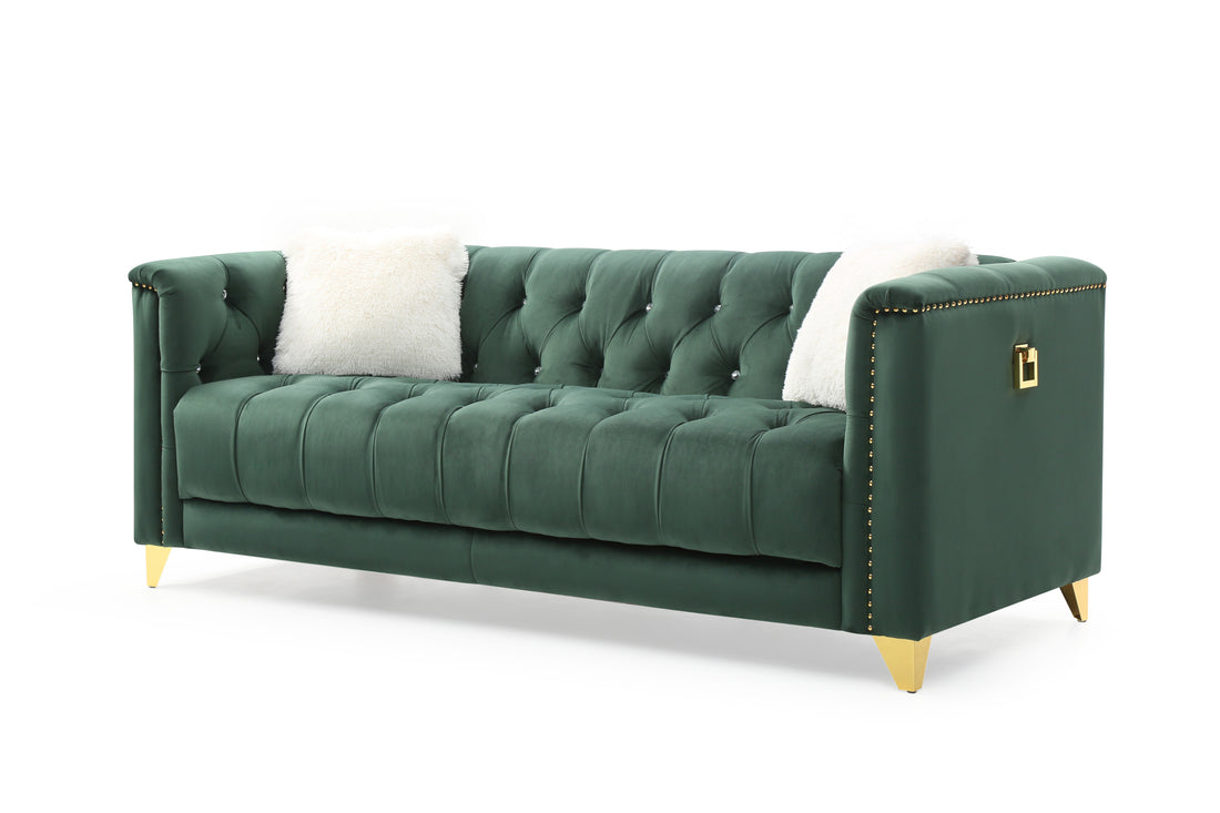 Russell Tufted Upholstery Sofa Finished In Velvet Fabric In Green Green Velvet Wood Primary Living Space Soft Tufted Back Modern Solid Wood Mdf