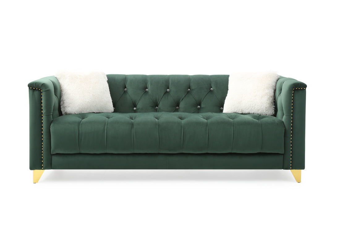 Russell Tufted Upholstery Sofa Finished In Velvet Fabric In Green Green Velvet Wood Primary Living Space Soft Tufted Back Modern Solid Wood Mdf