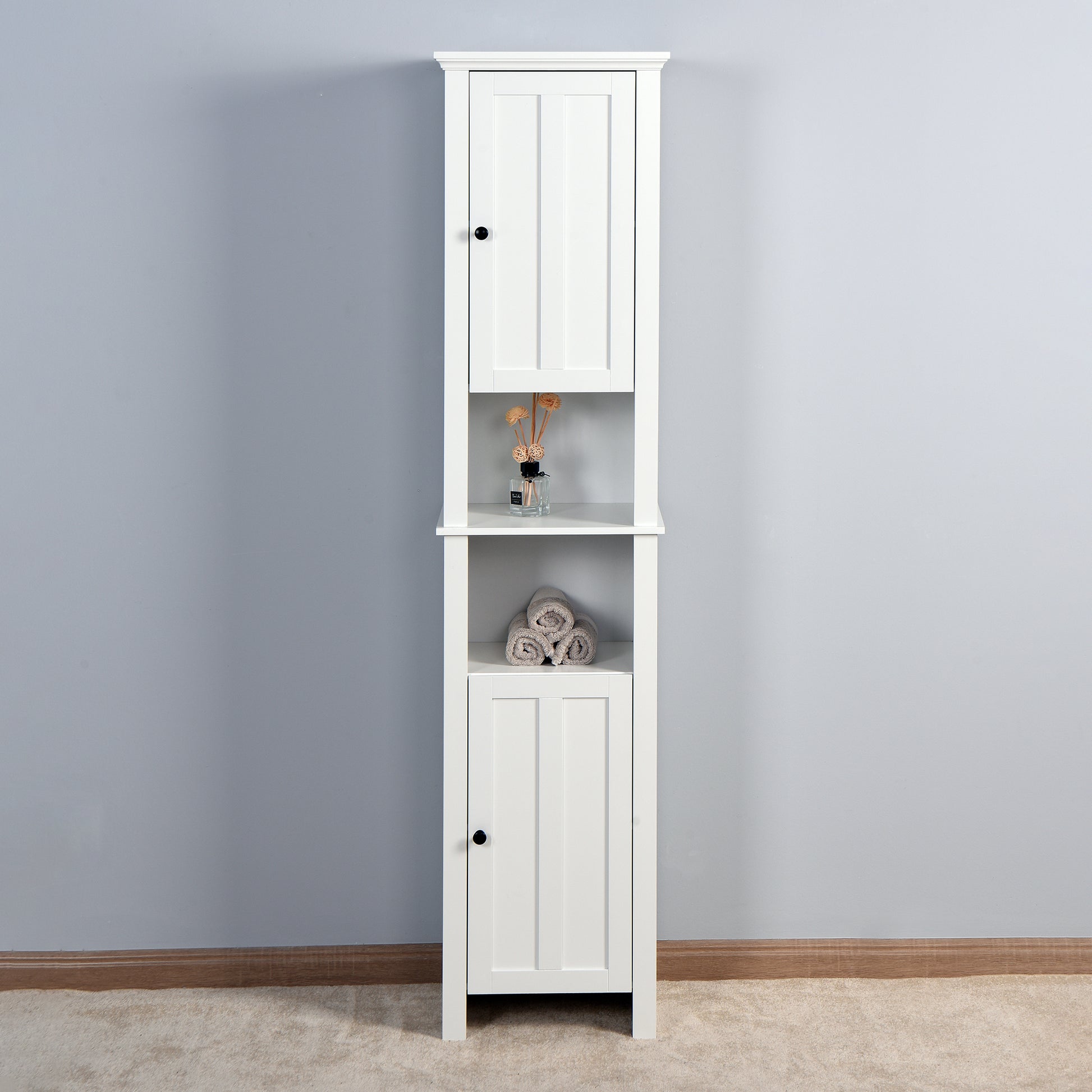 Bathroom Floor Storage Cabinet With 2 Doors Living Room Wooden Cabinet With 6 Shelves 15.75 X 11.81 X 66.93 Inch White Mdf