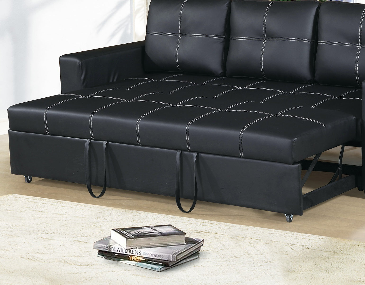 Sectional Sofa Pull Out Bed Living Room Couch Black Faux Leather Tufted Convertible Sofa Black Faux Leather Wood Primary Living Space Cushion Back Contemporary,Modern Pine Square Arms Plywood 2 Seat