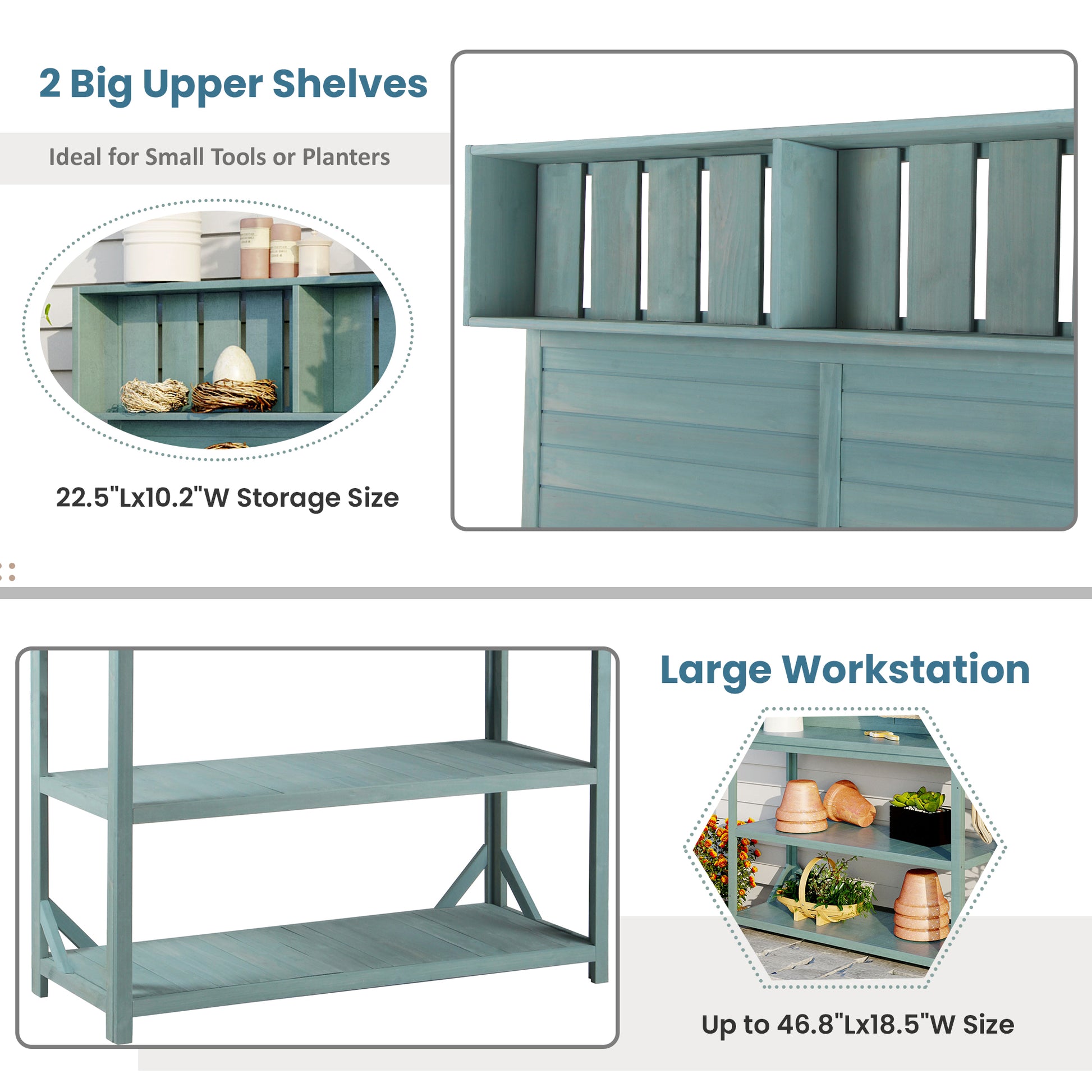 65" Large Wooden Farmhouse Rustic Outdoor Potting Bench Table, Patio Workstation, Garden Potting Bench With 4 Storage Shelves And Side Hook,Green Green Garden & Outdoor Casual Wood Solid Wood