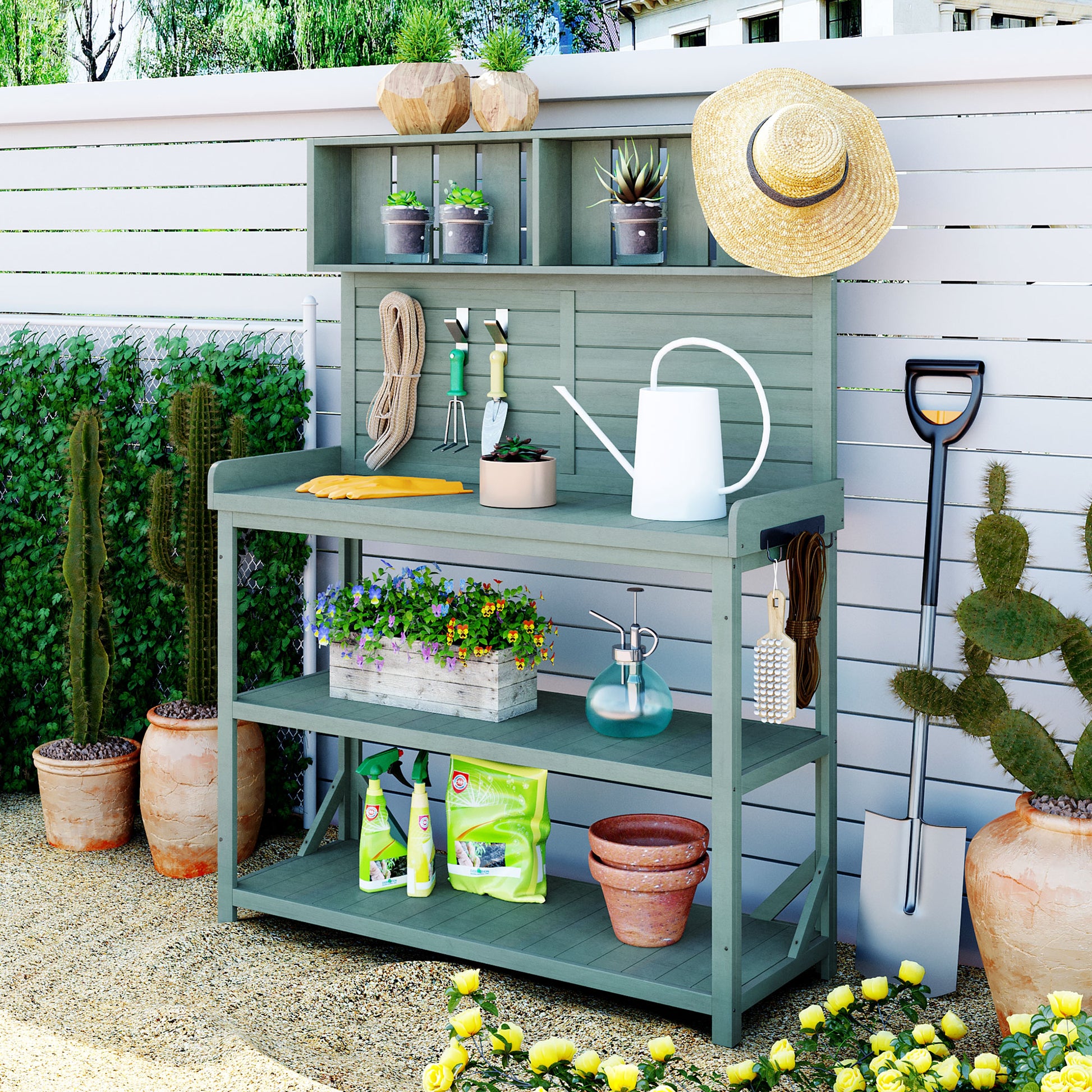 65" Large Wooden Farmhouse Rustic Outdoor Potting Bench Table, Patio Workstation, Garden Potting Bench With 4 Storage Shelves And Side Hook,Green Green Garden & Outdoor Casual Wood Solid Wood