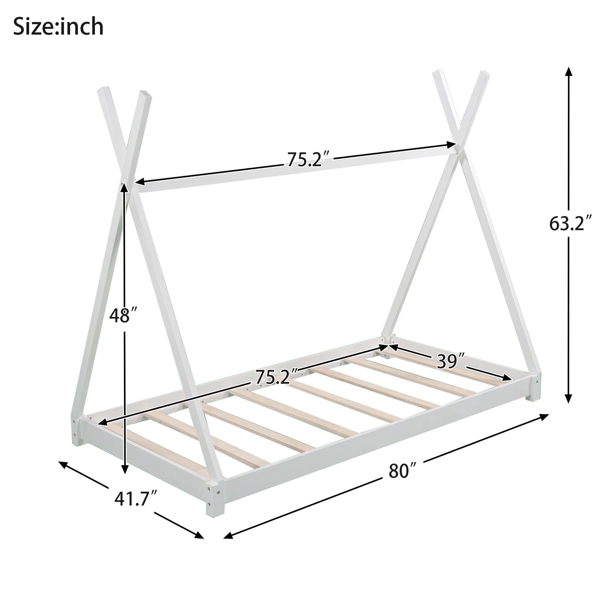 Twin Size House Platform Bed With Triangle Tructure,White White Pine