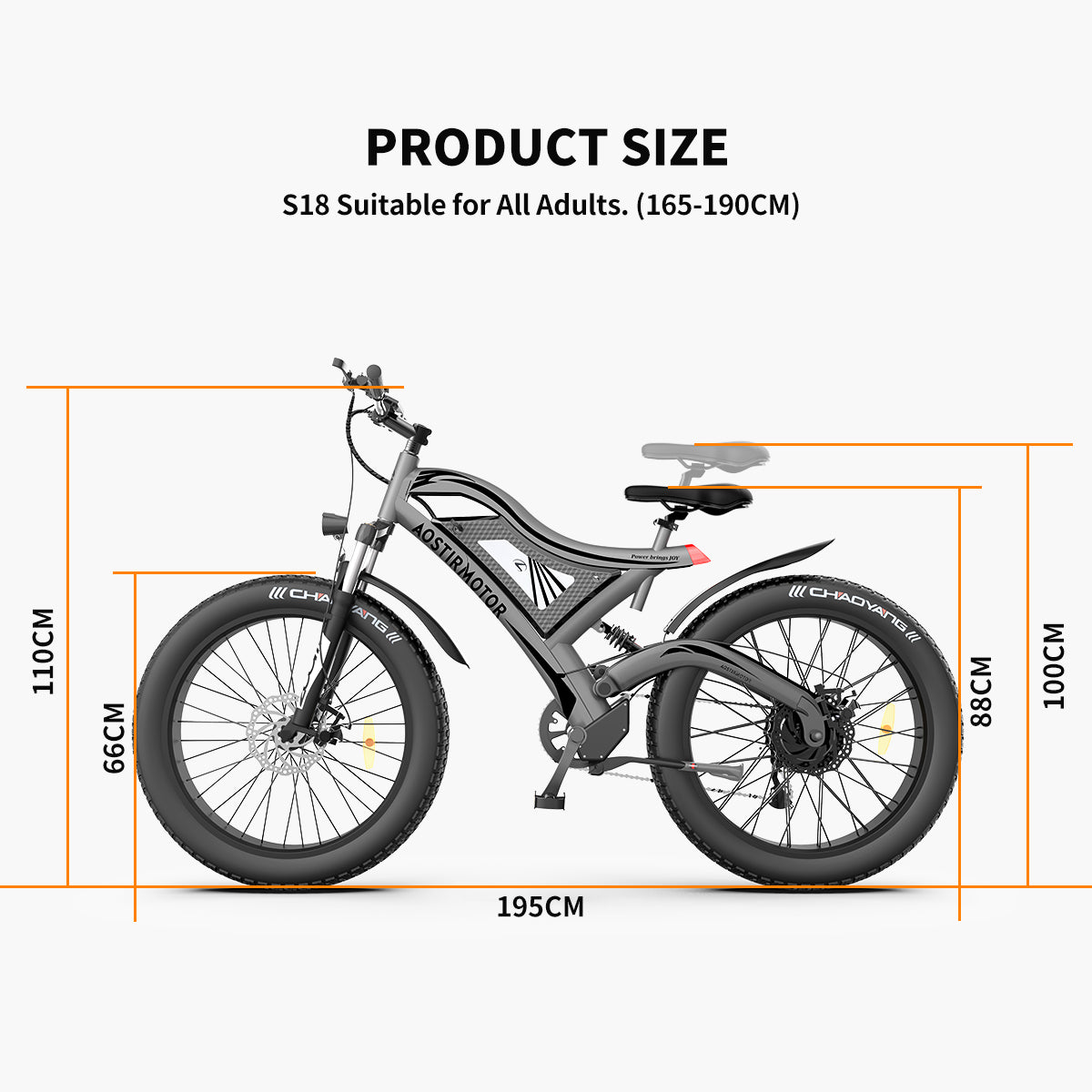 Aostirmotor S18 26" 750W Electric Bike Fat Tire 48V 15Ah Removable Lithium Battery For Adults Black Aluminium