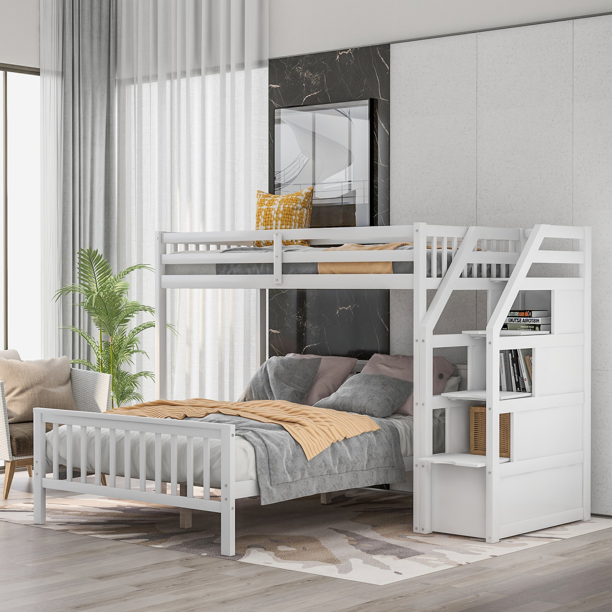 Twin Over Full Loft Bed With Staircase,White Old Sku:Sm000107Aak White Pine