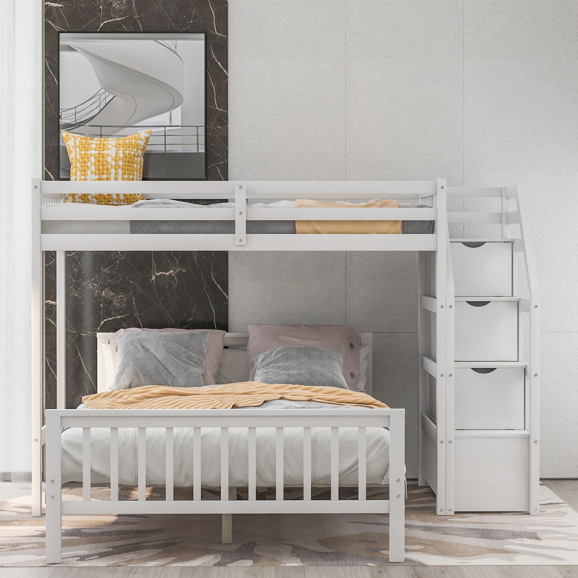 Twin Over Full Loft Bed With Staircase,White Old Sku:Sm000107Aak White Pine