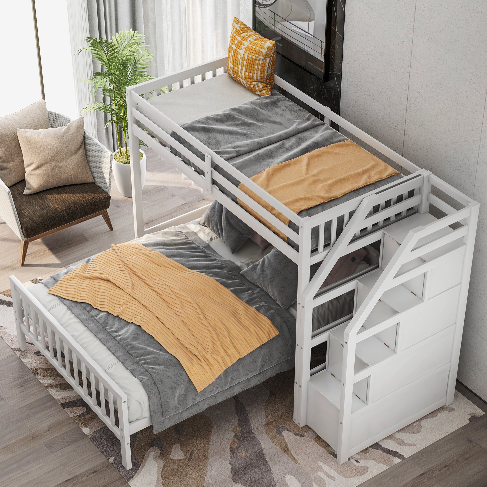 Twin Over Full Loft Bed With Staircase,White Old Sku:Sm000107Aak White Pine