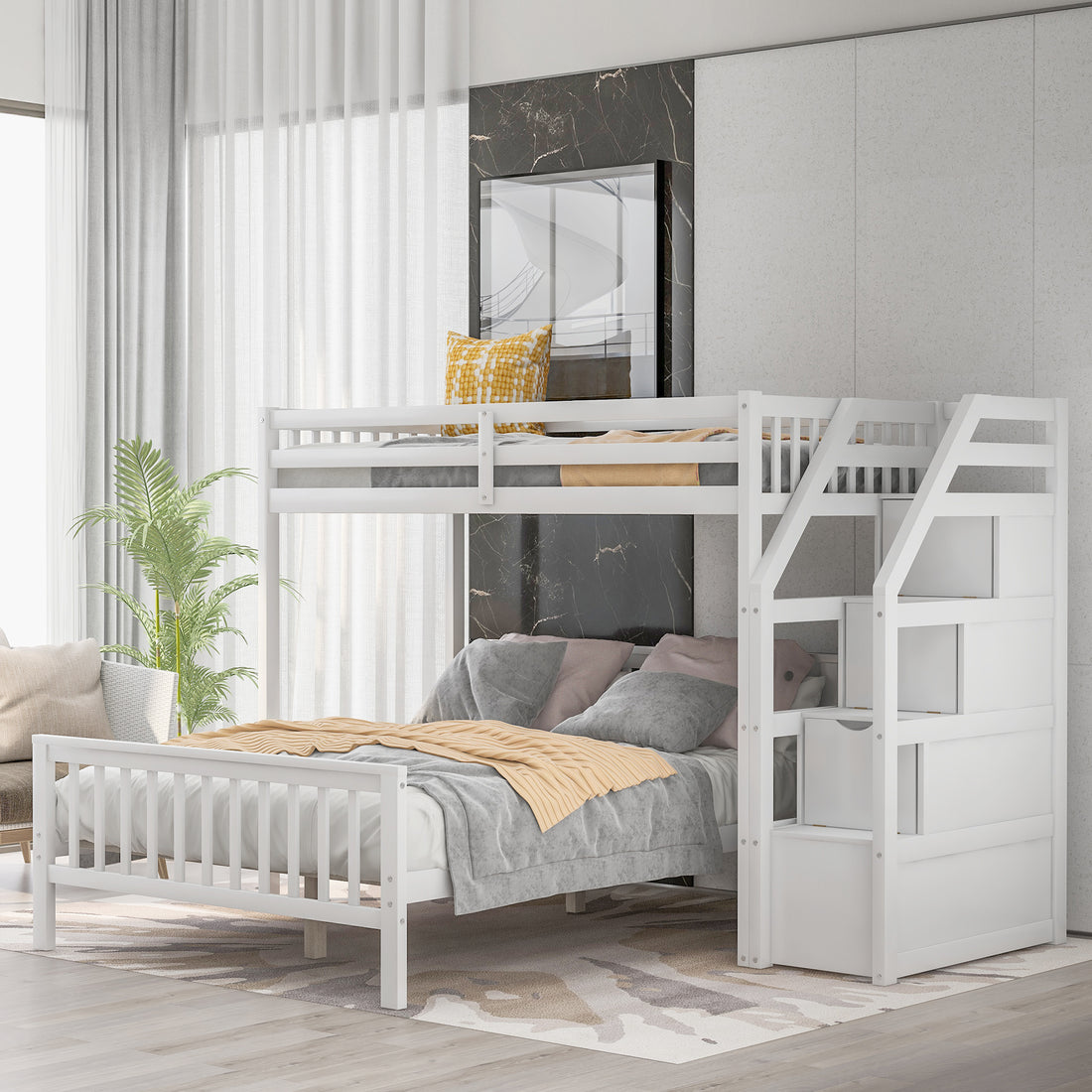 Twin Over Full Loft Bed With Staircase,White Old Sku:Sm000107Aak White Pine