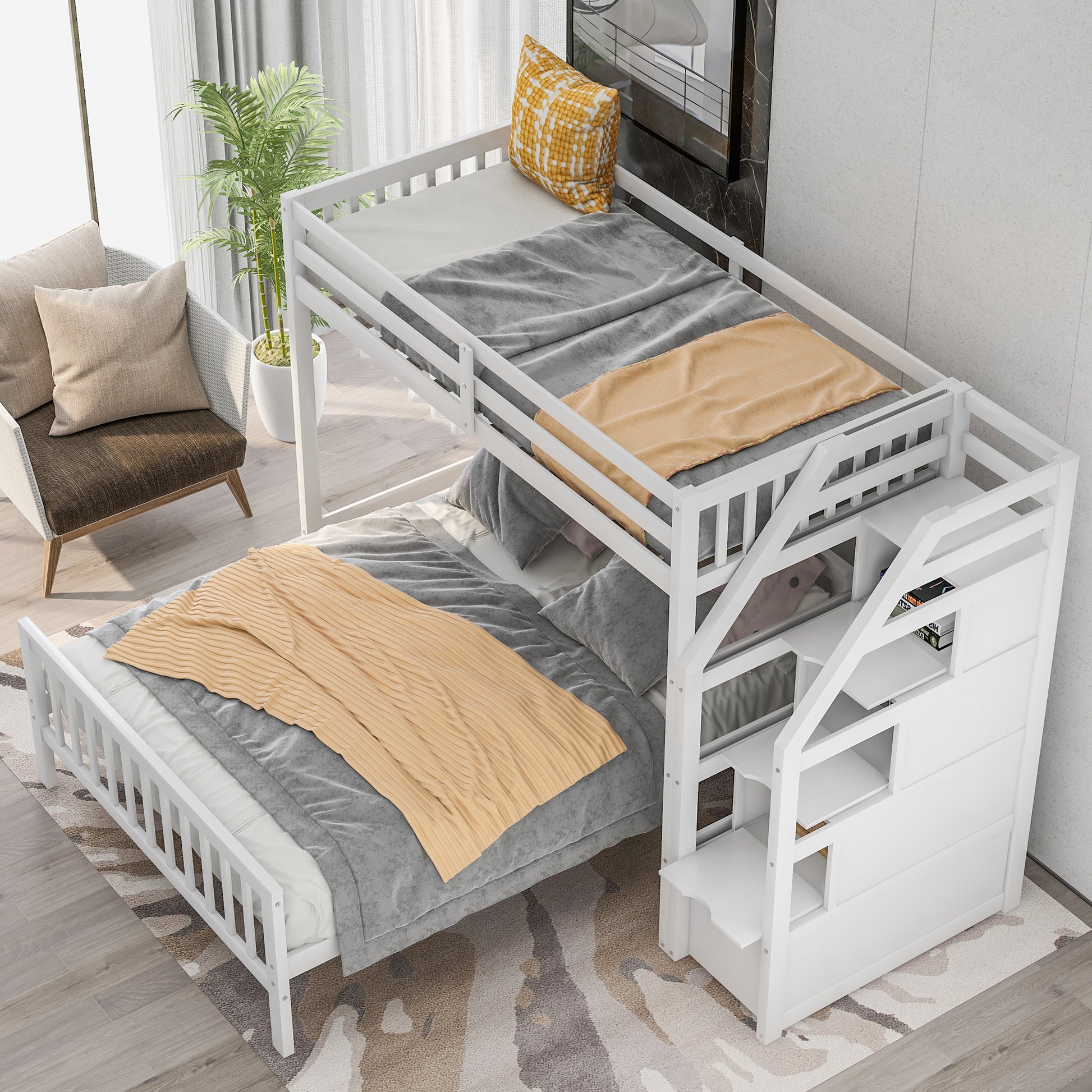 Twin Over Full Loft Bed With Staircase,White Old Sku:Sm000107Aak White Pine