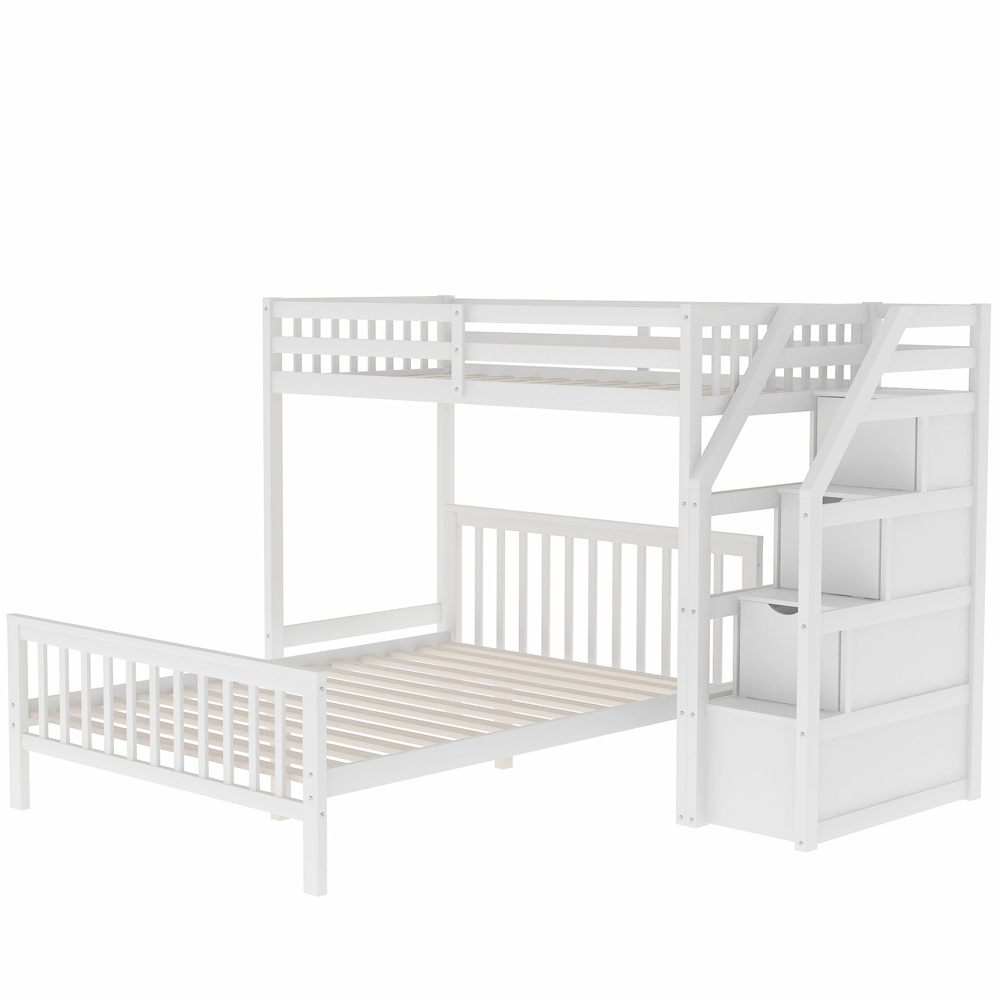 Twin Over Full Loft Bed With Staircase,White Old Sku:Sm000107Aak White Pine