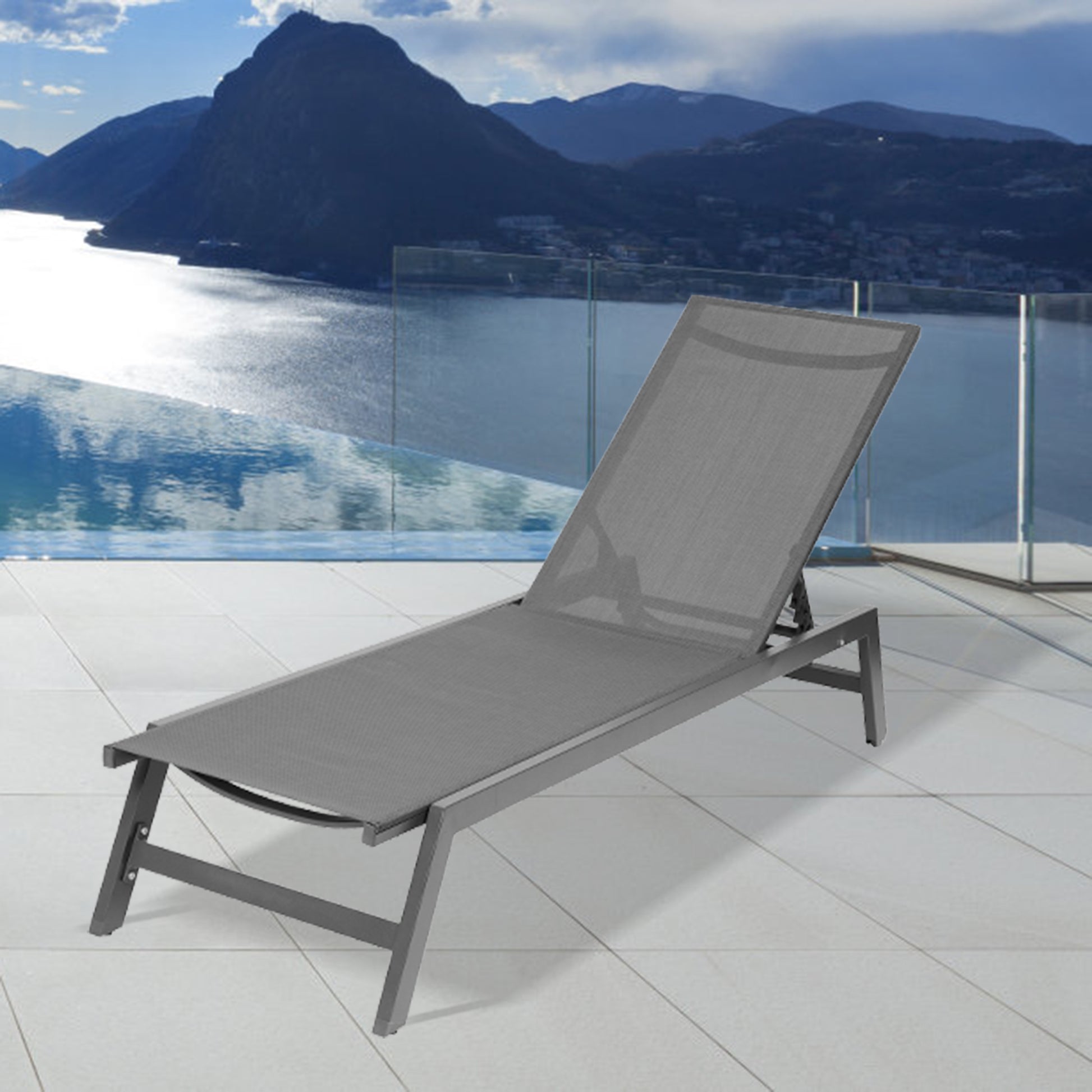 Outdoor Chaise Lounge Chair,Five Position Adjustable Aluminum Recliner,All Weather For Patio,Beach,Yard, Pool Grey Frame Dark Grey Fabric Gray Metal